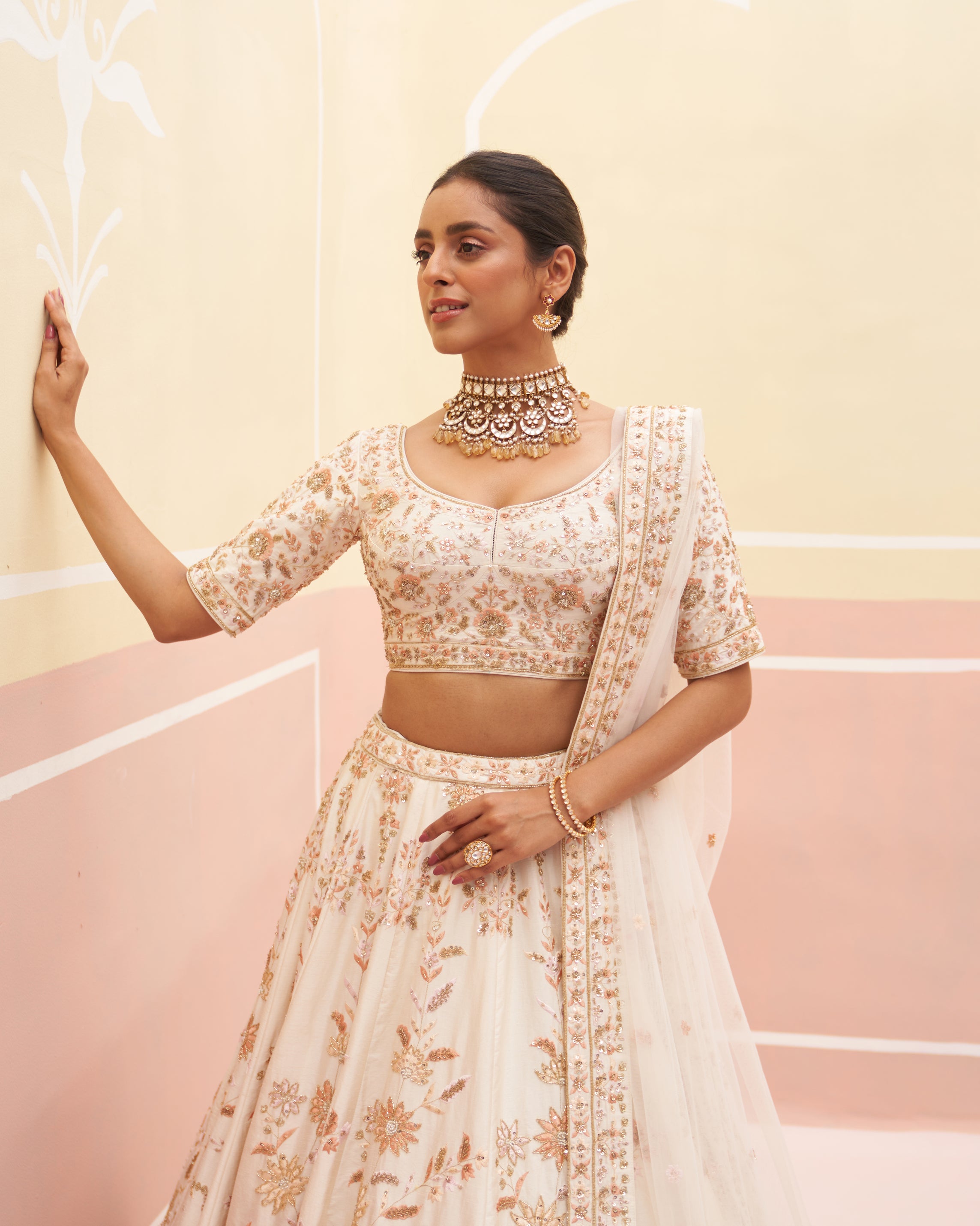 Ivory Zardozi Raw Silk Lehenga Set (3-Piece) - Image 5