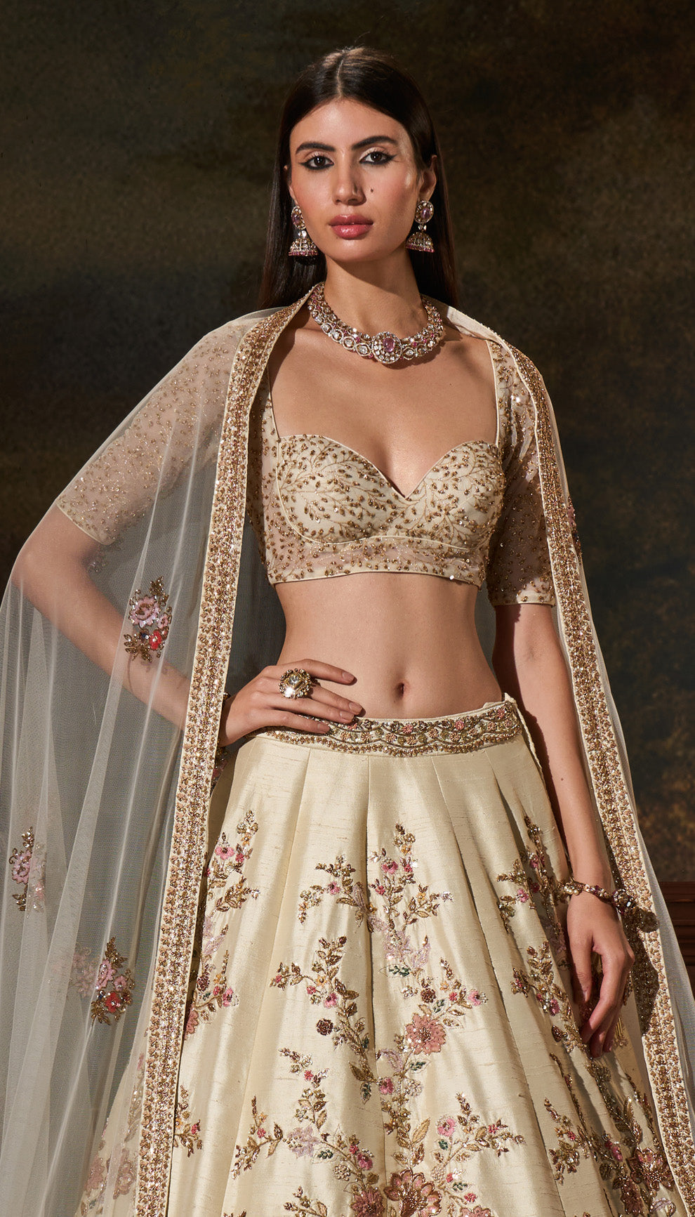 Ivory Zardozi Resham Raw Silk Lehenga (3-Piece) - Image 2