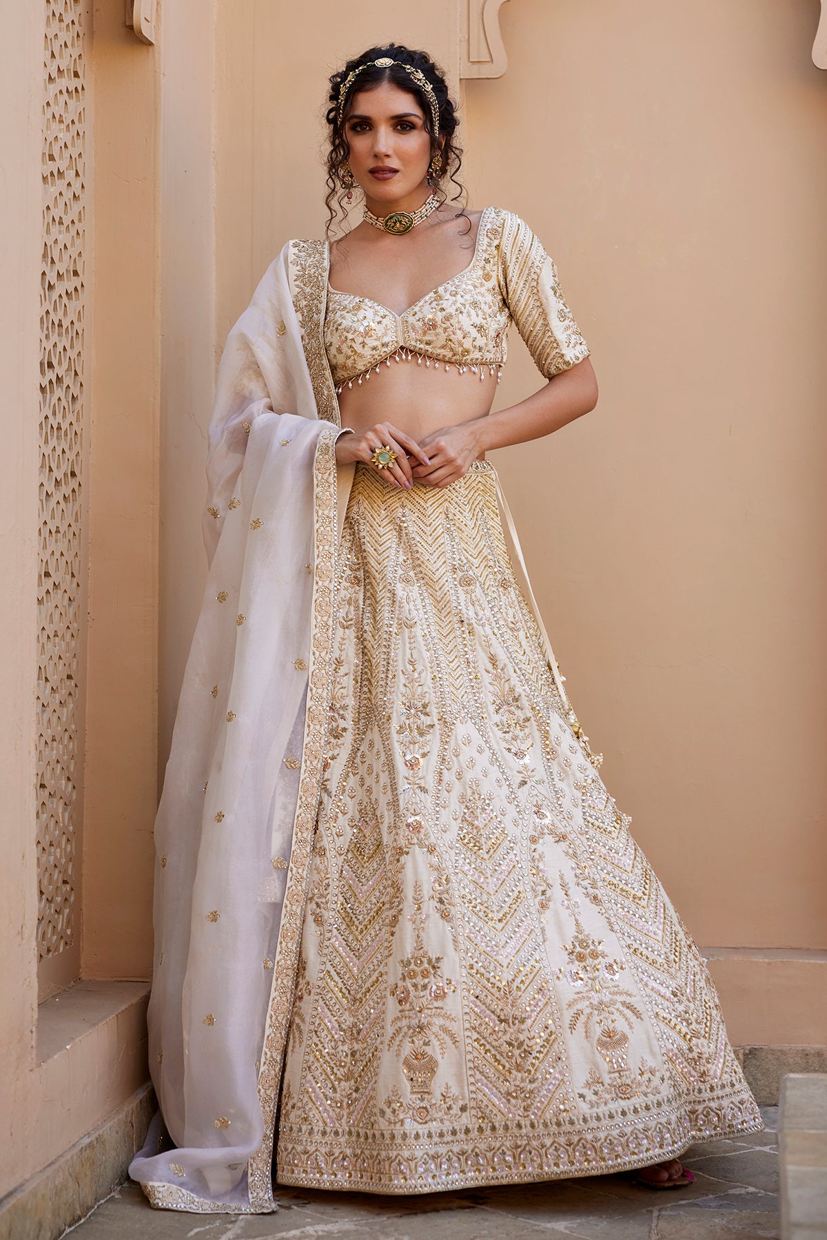 Indian Ivory Kundan Zardozi Raw Silk Lehenga (3-Piece) - Image 1