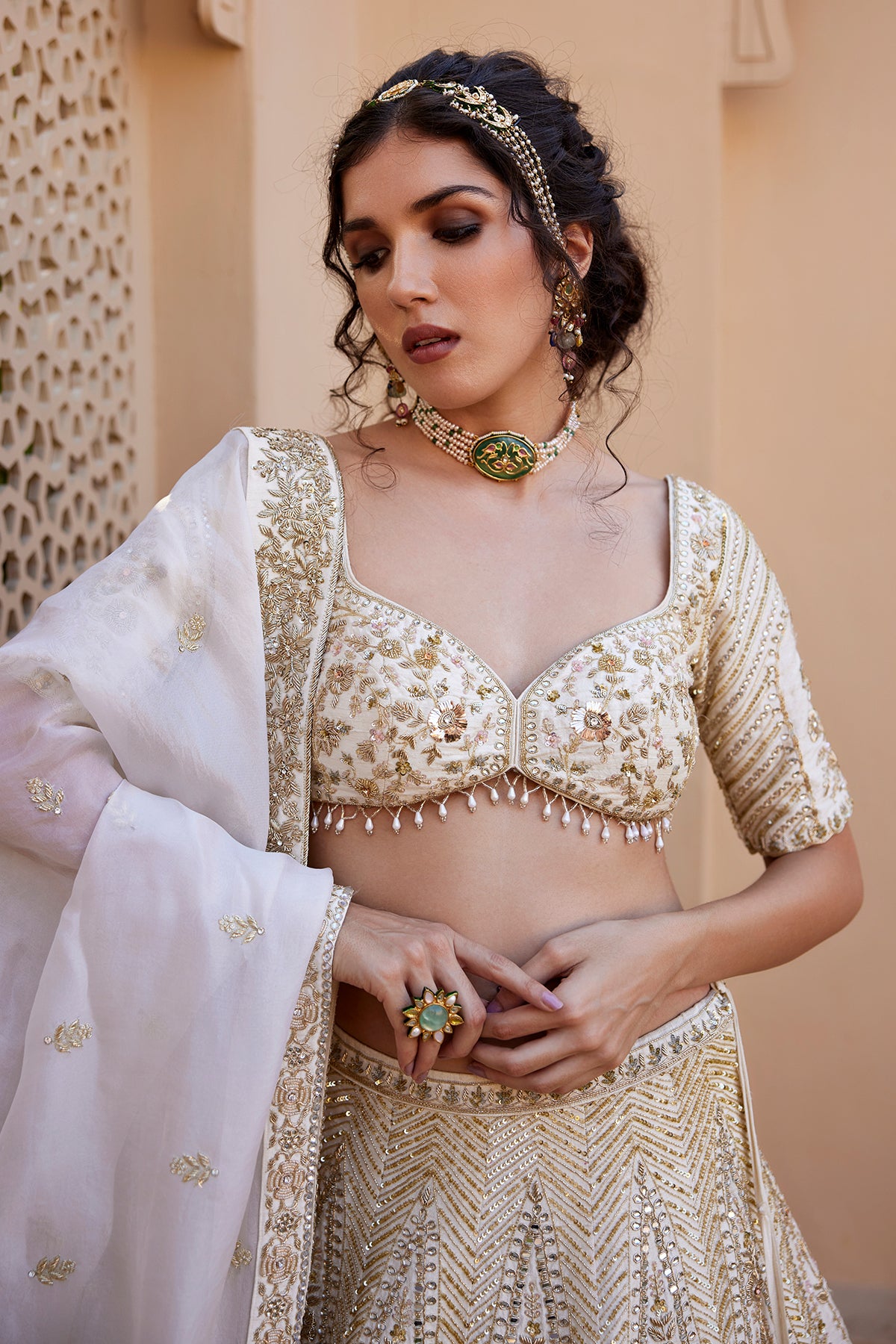 Indian Ivory Kundan Zardozi Raw Silk Lehenga (3-Piece) - Image 2