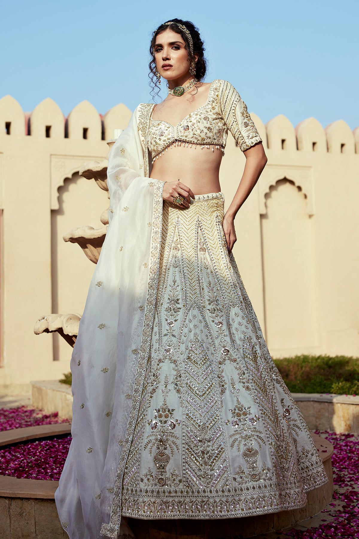 Indian Ivory Kundan Zardozi Raw Silk Lehenga (3-Piece) - Image 3