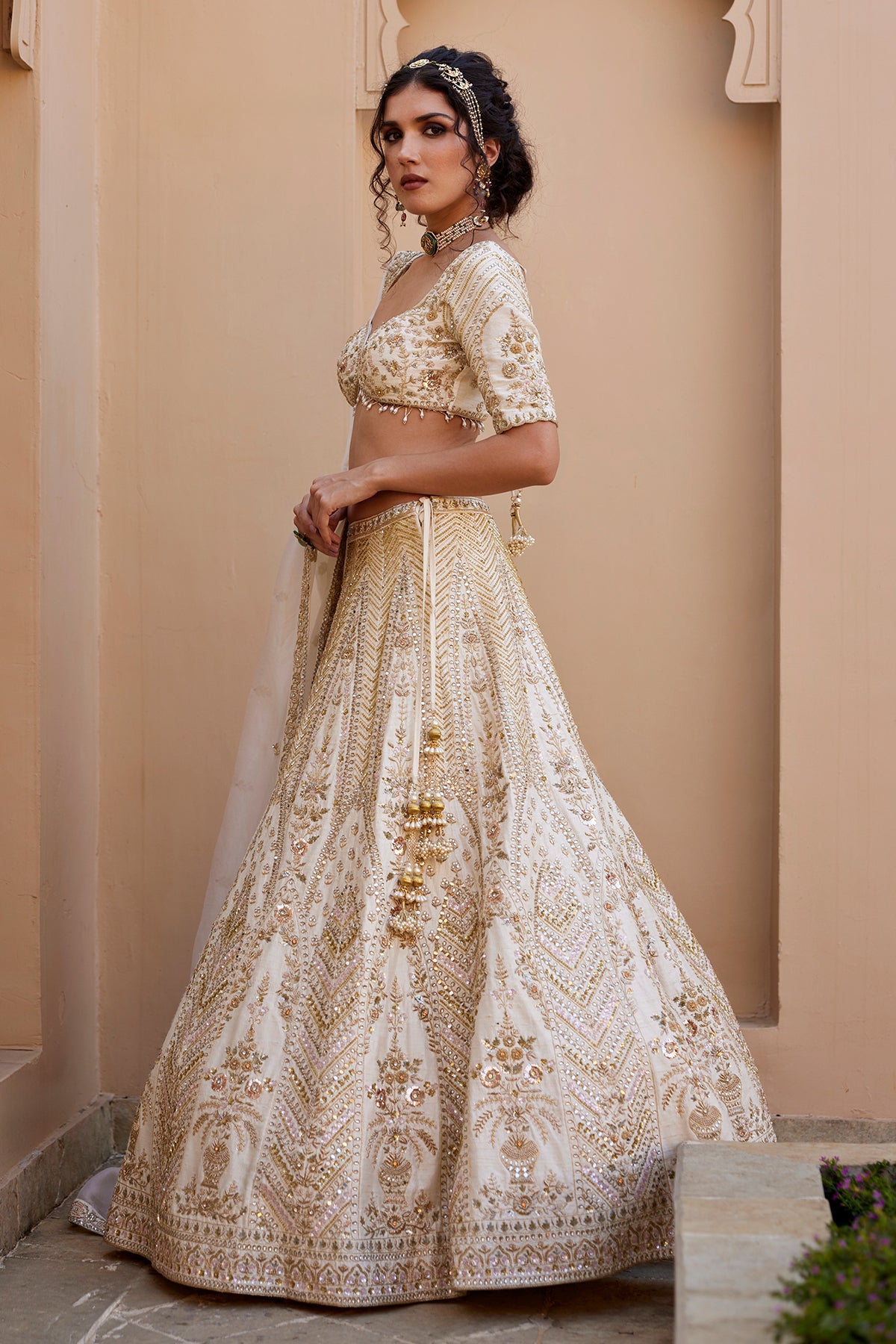 Indian Ivory Kundan Zardozi Raw Silk Lehenga (3-Piece) - Image 4
