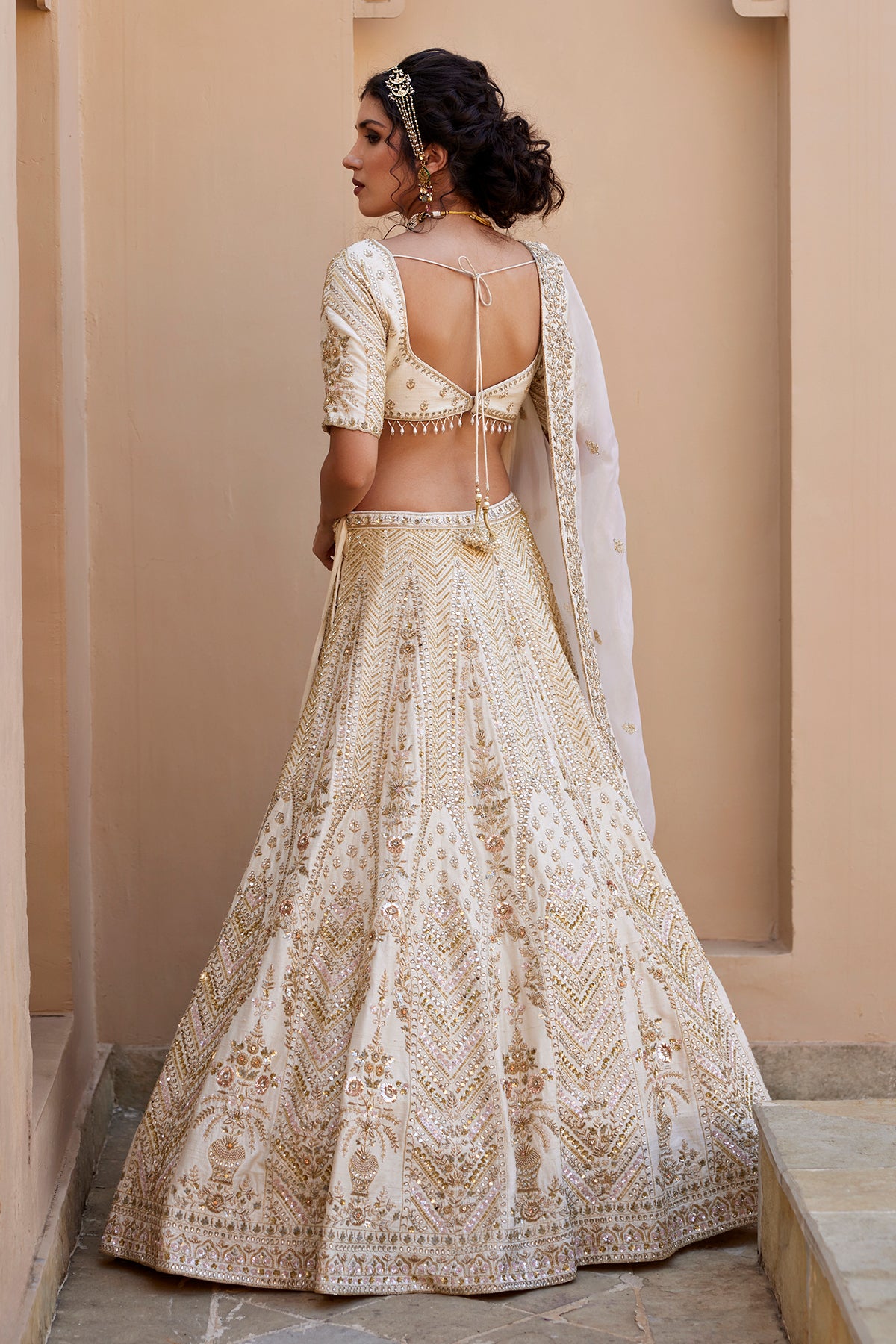 Indian Ivory Kundan Zardozi Raw Silk Lehenga (3-Piece) - Image 5