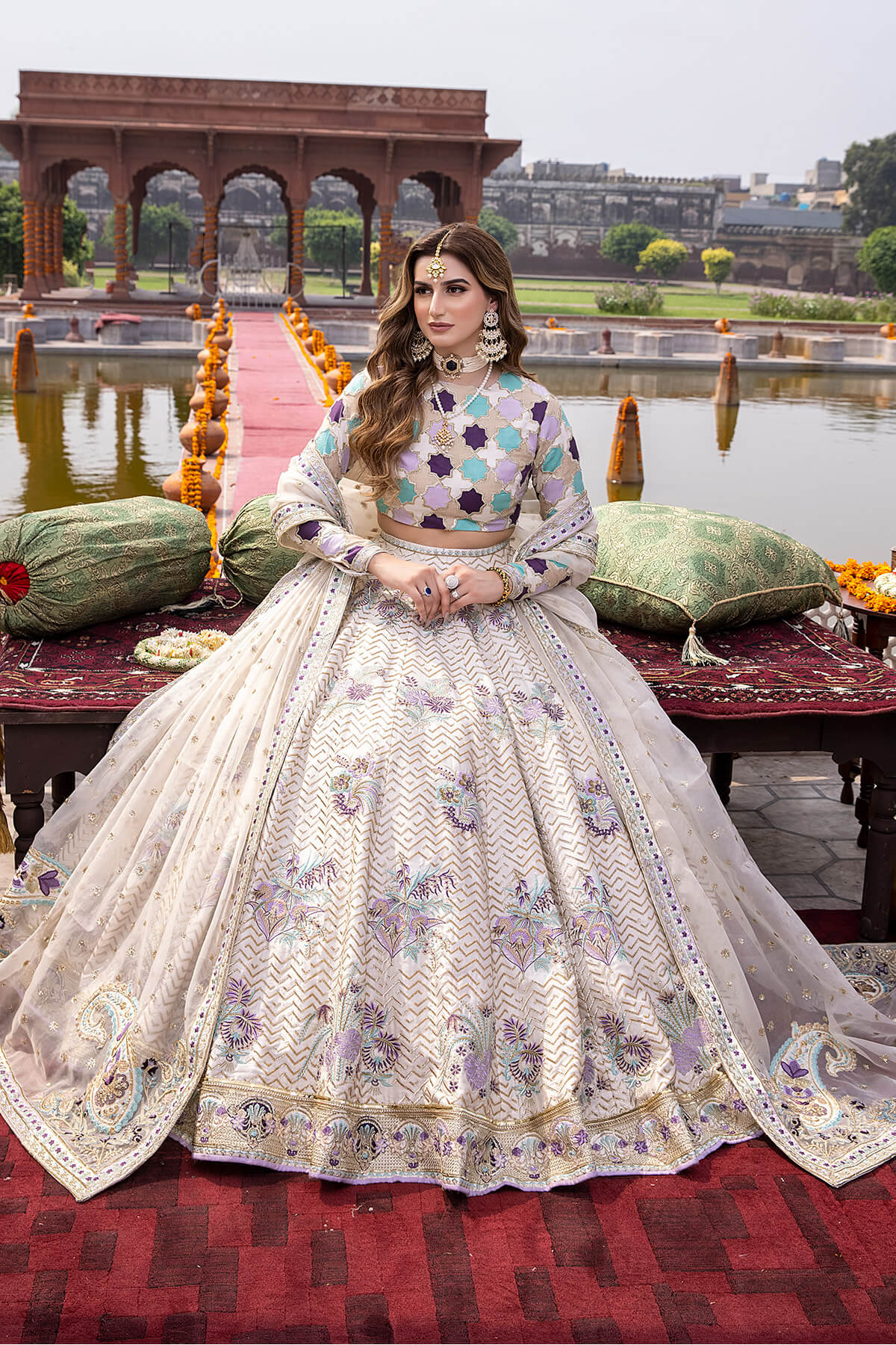 Ivory Tilla & Resham Embroidered Shamoz Silk Lehenga (3-Piece) - Image 1