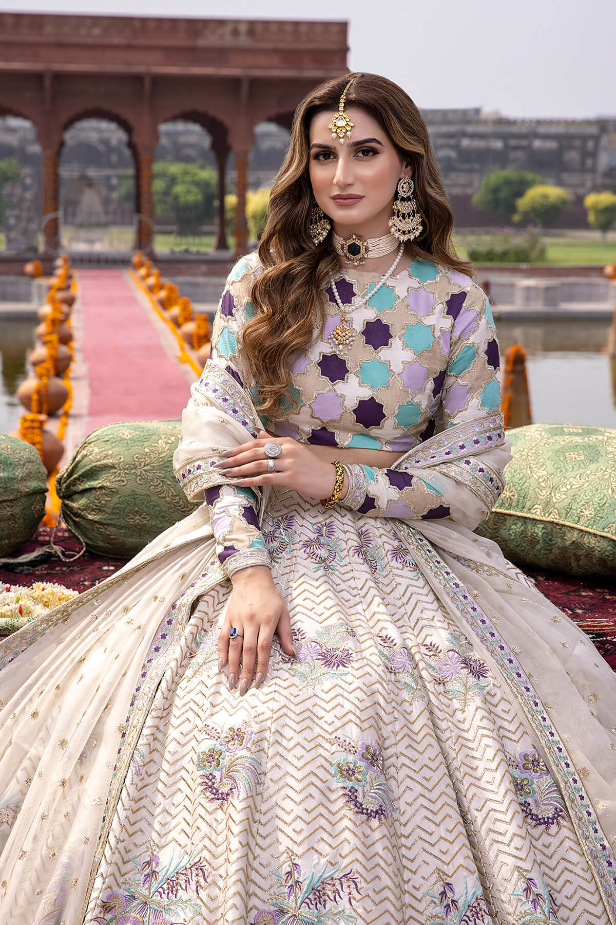 Ivory Tilla & Resham Embroidered Shamoz Silk Lehenga (3-Piece) - Image 2