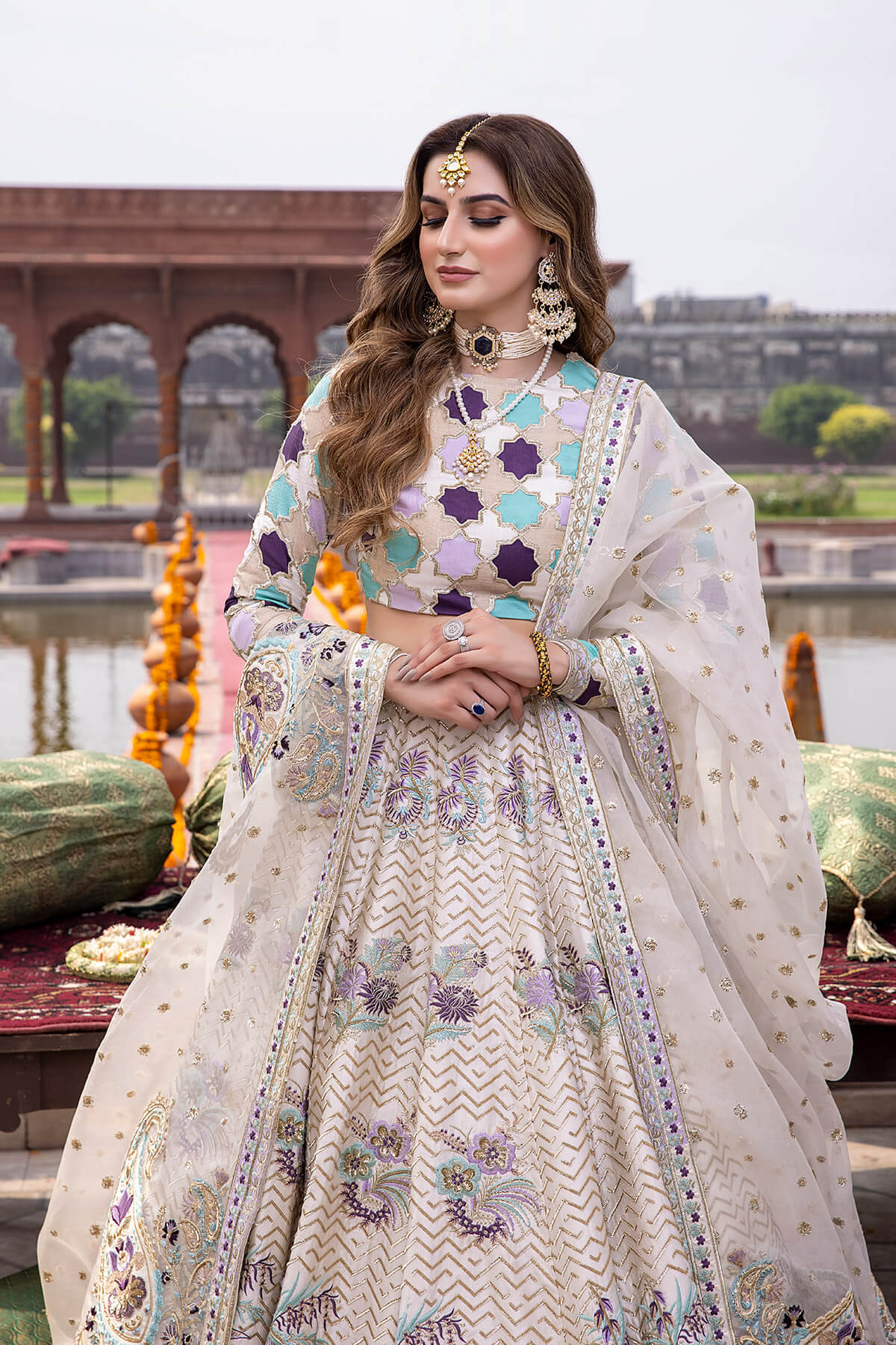 Ivory Tilla & Resham Embroidered Shamoz Silk Lehenga (3-Piece) - Image 3