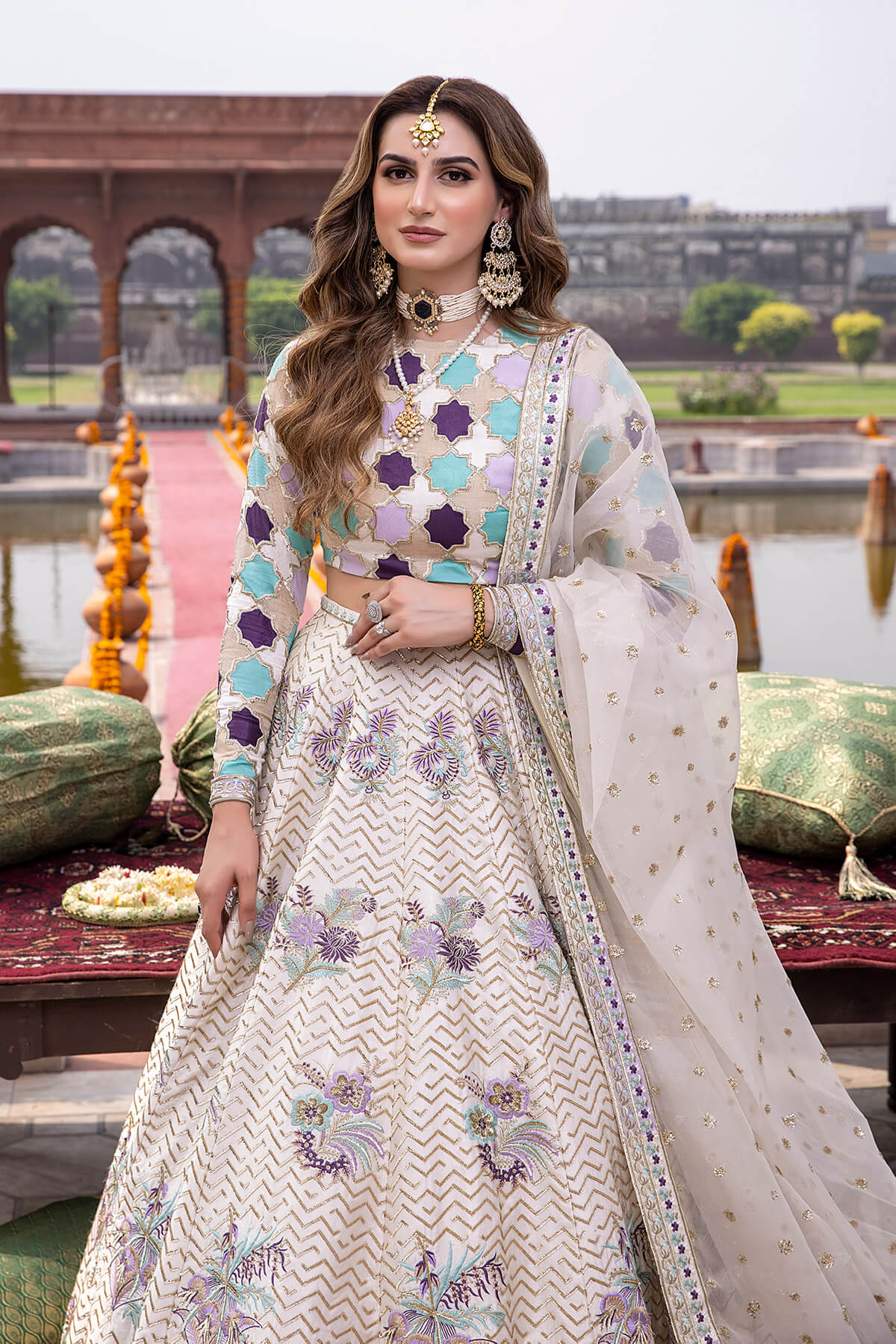 Ivory Tilla & Resham Embroidered Shamoz Silk Lehenga (3-Piece) - Image 5
