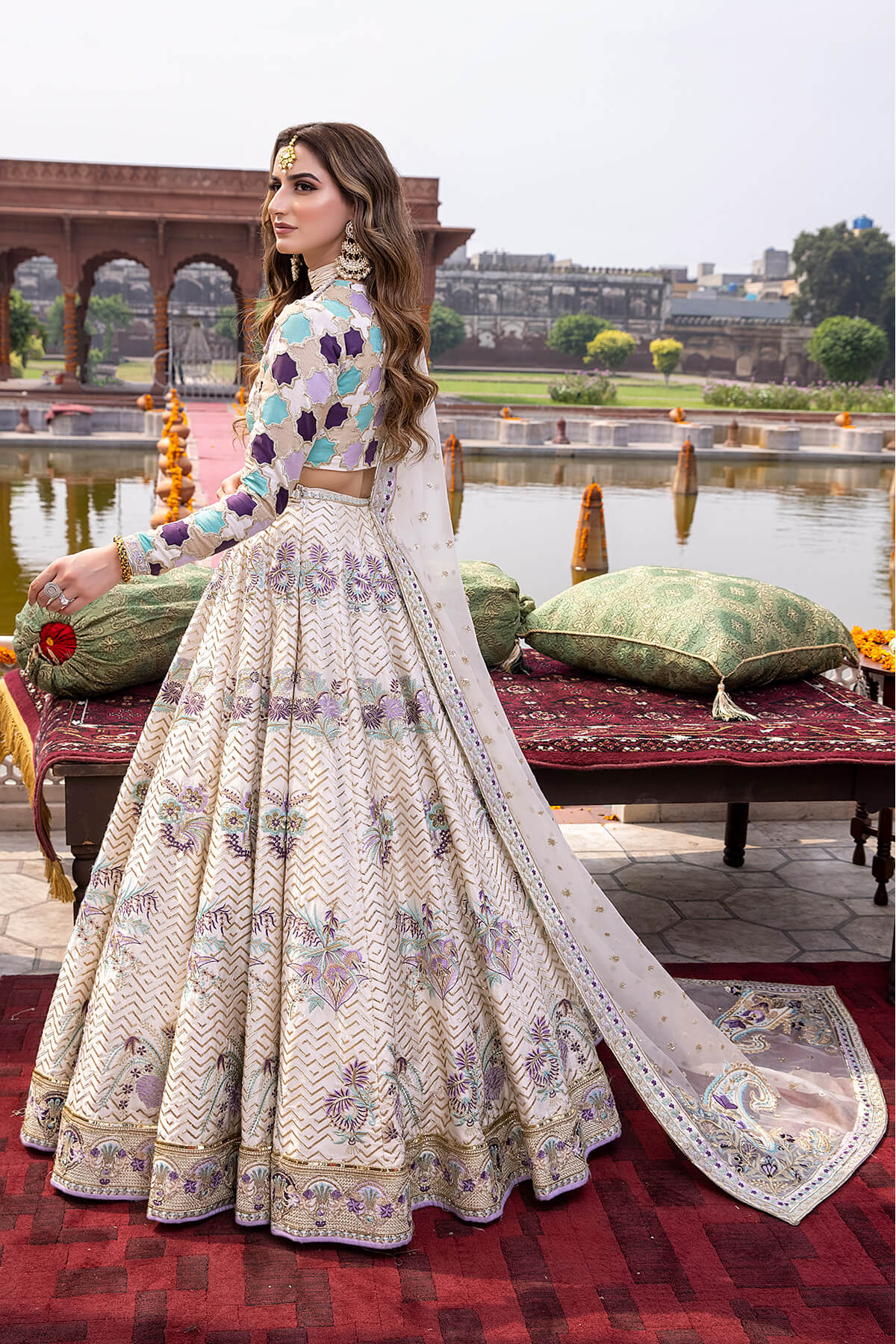 Ivory Tilla & Resham Embroidered Shamoz Silk Lehenga (3-Piece) - Image 6