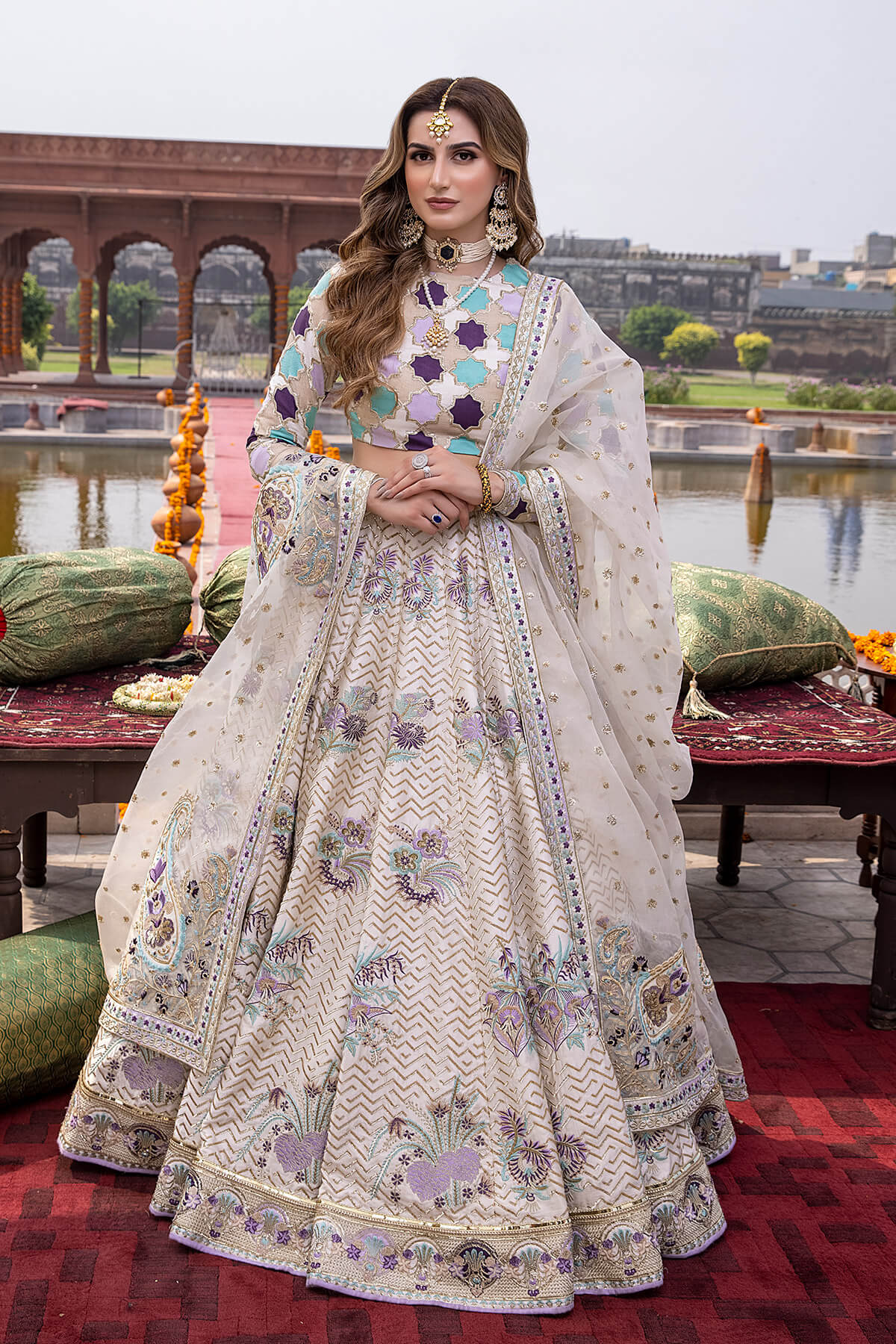 Ivory Tilla & Resham Embroidered Shamoz Silk Lehenga (3-Piece) - Image 7