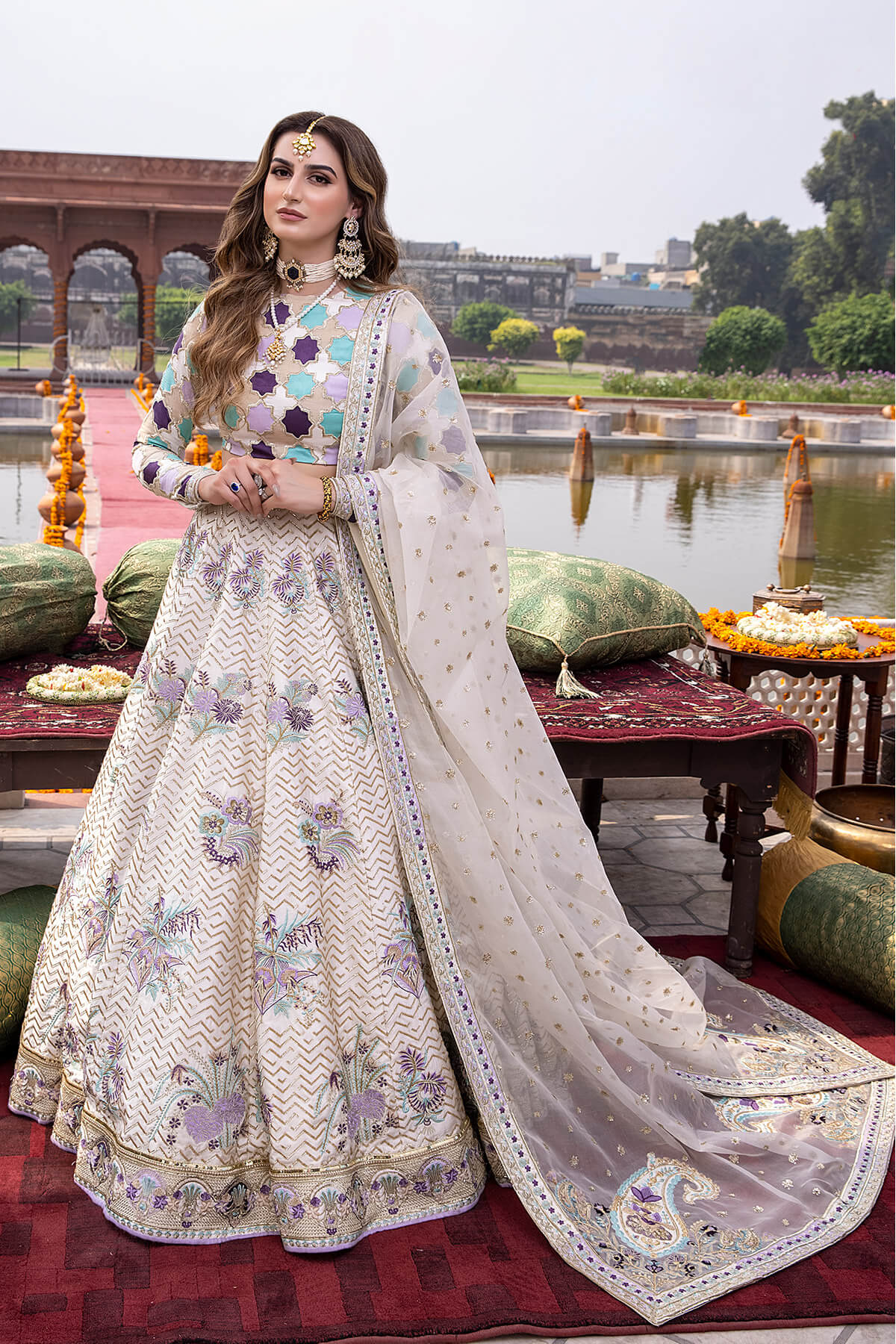 Ivory Tilla & Resham Embroidered Shamoz Silk Lehenga (3-Piece) - Image 8