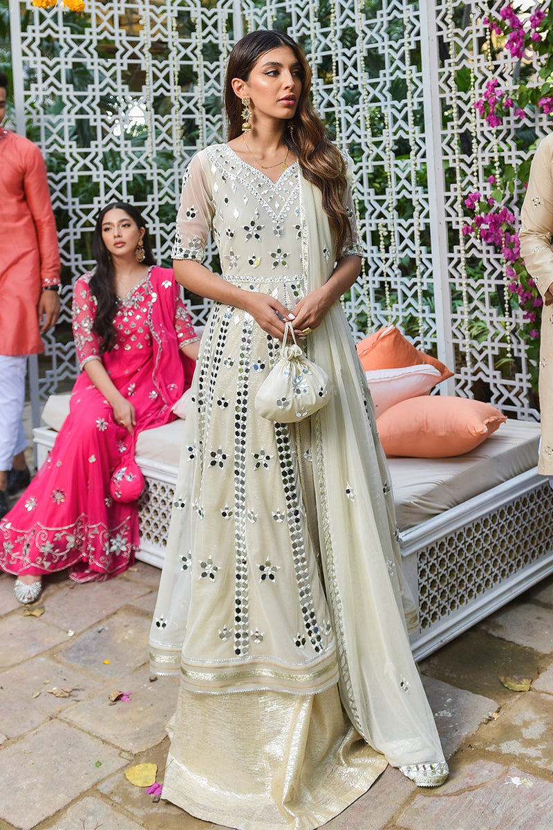 Pakistani Ivory Resham Mirror-Worked Net Kalidar Lehenga (3-Piece) - Image 1