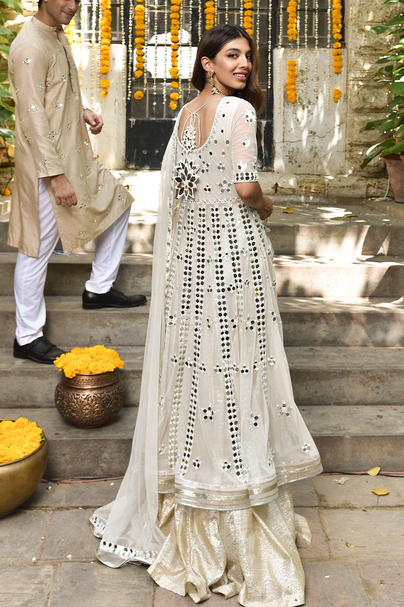 Pakistani Ivory Resham Mirror-Worked Net Kalidar Lehenga (3-Piece) - Image 2