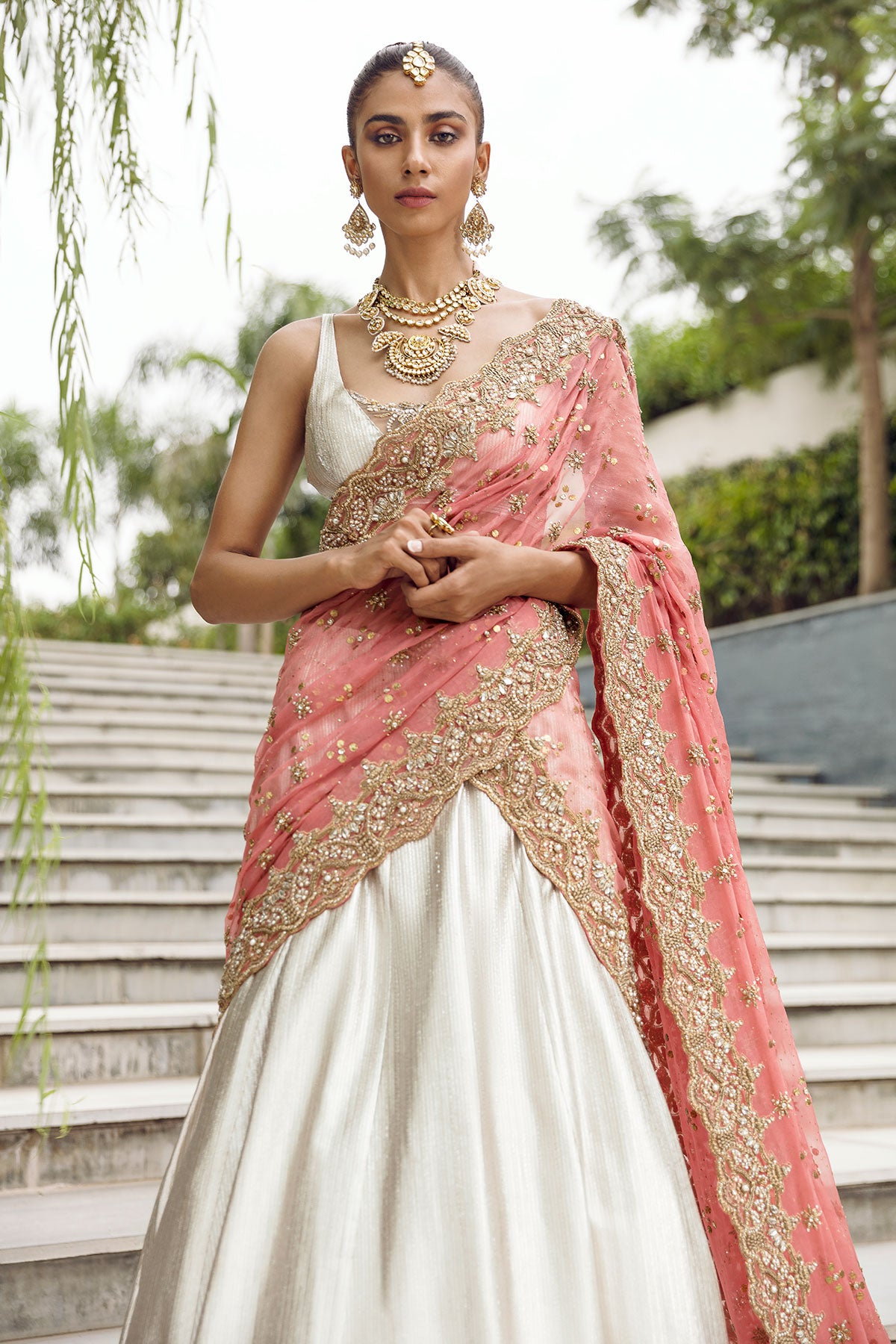Pakistani Ivory Mukesh Embroidered Shimmer Lehenga (3-Piece) - Image 1