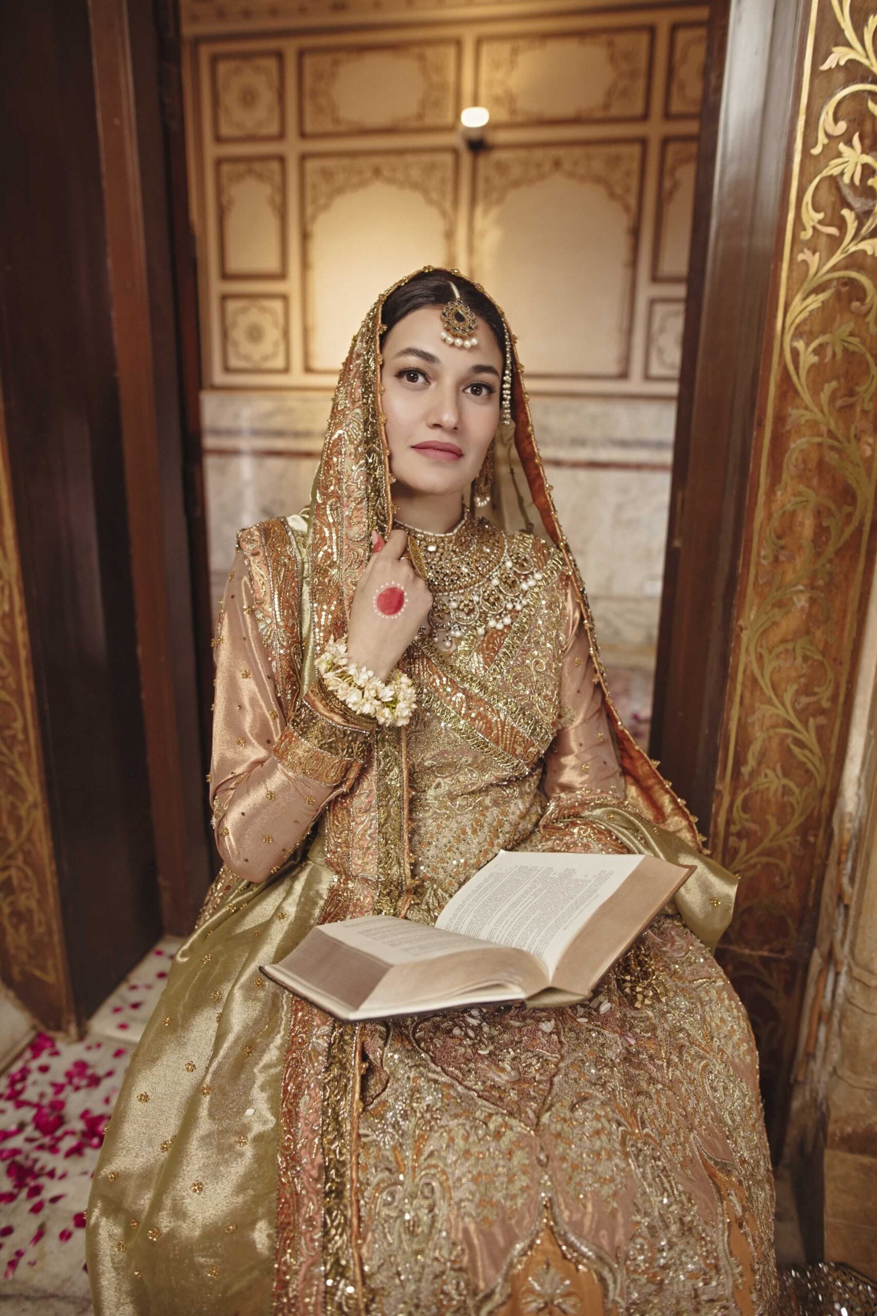 Off-White Gold Embellished Shimmer Tissue Bridal Lehenga (3-Piece) - Image 2