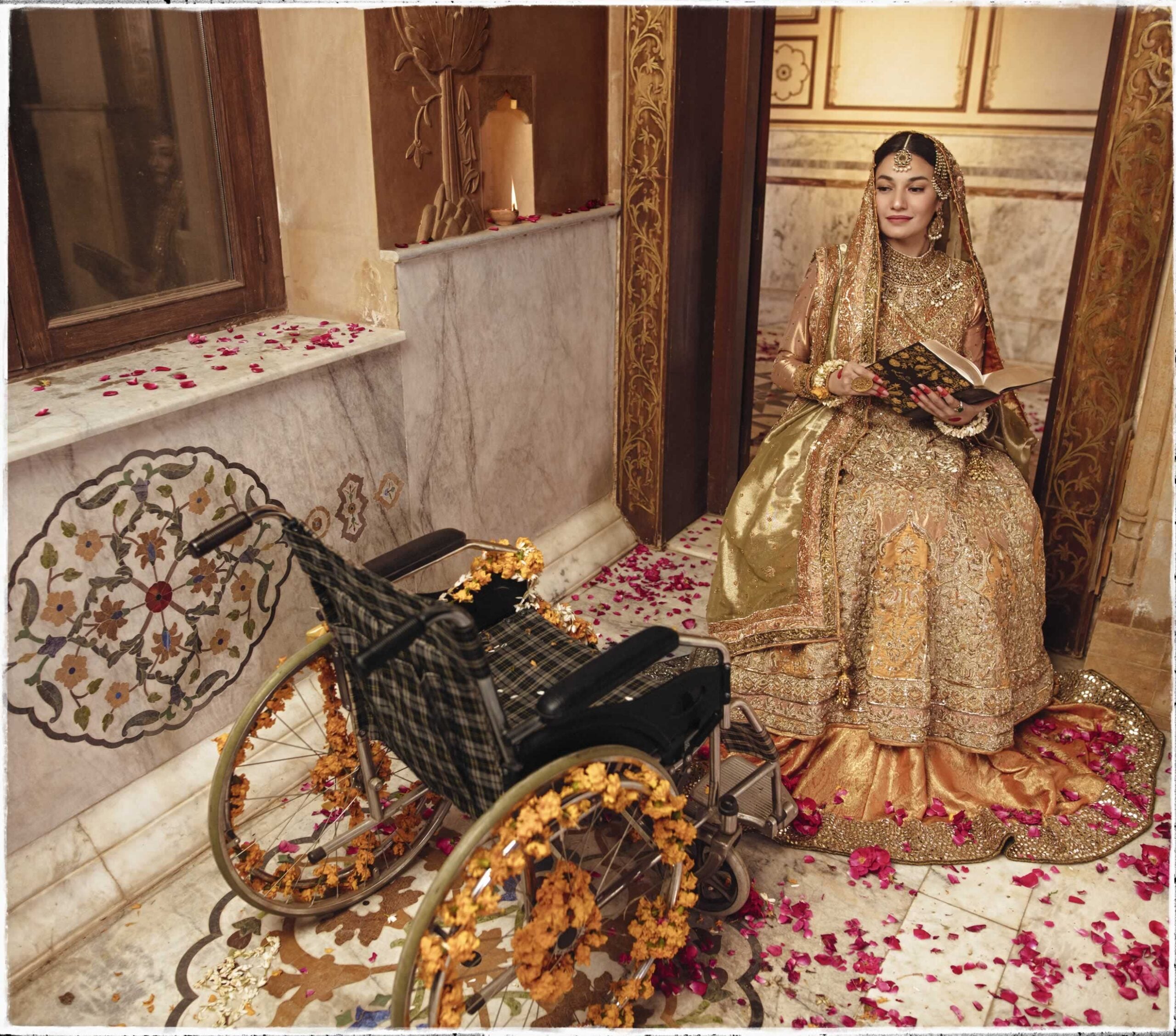 Off-White Gold Embellished Shimmer Tissue Bridal Lehenga (3-Piece) - Image 4