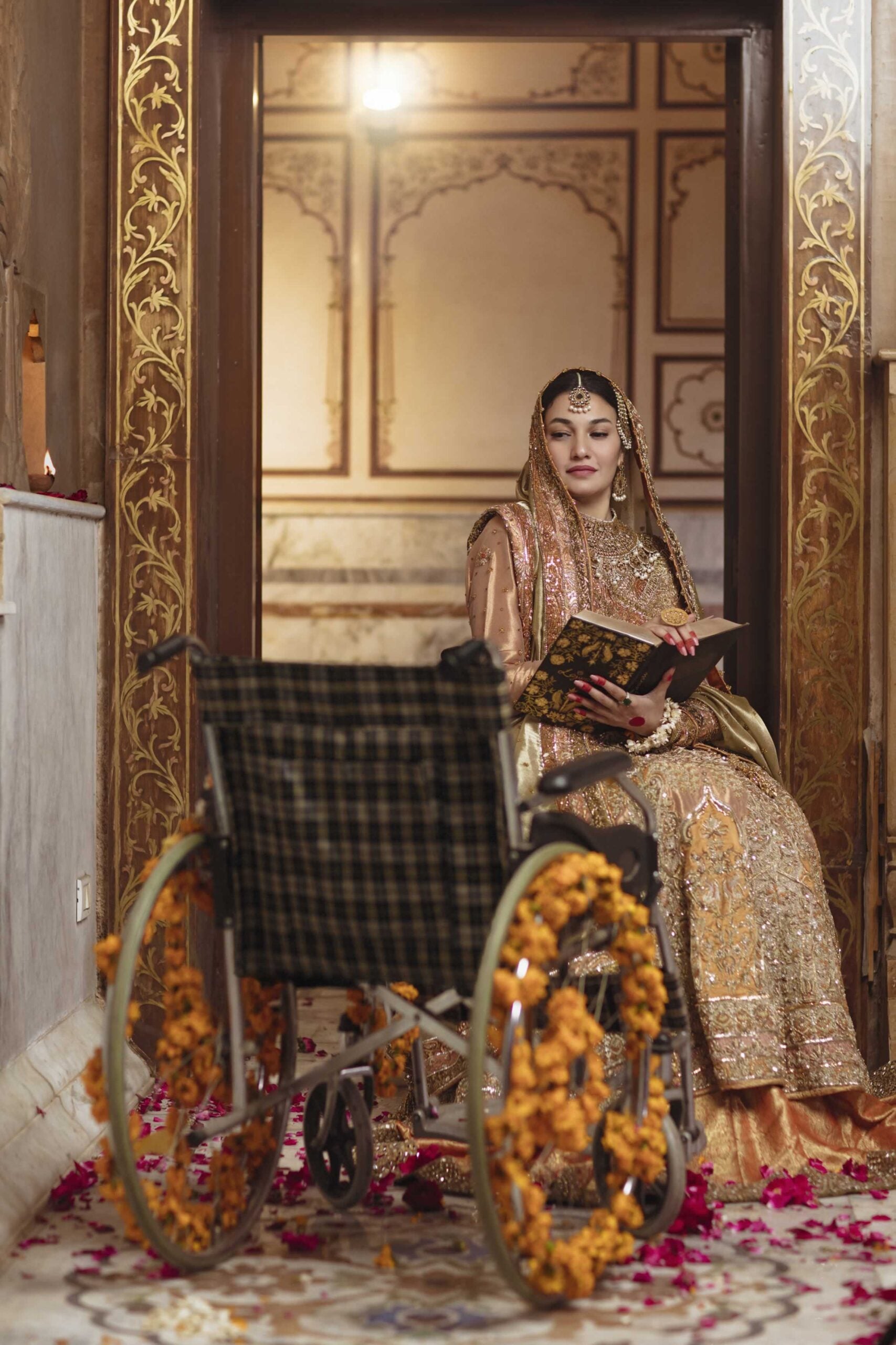 Off-White Gold Embellished Shimmer Tissue Bridal Lehenga (3-Piece) - Image 5