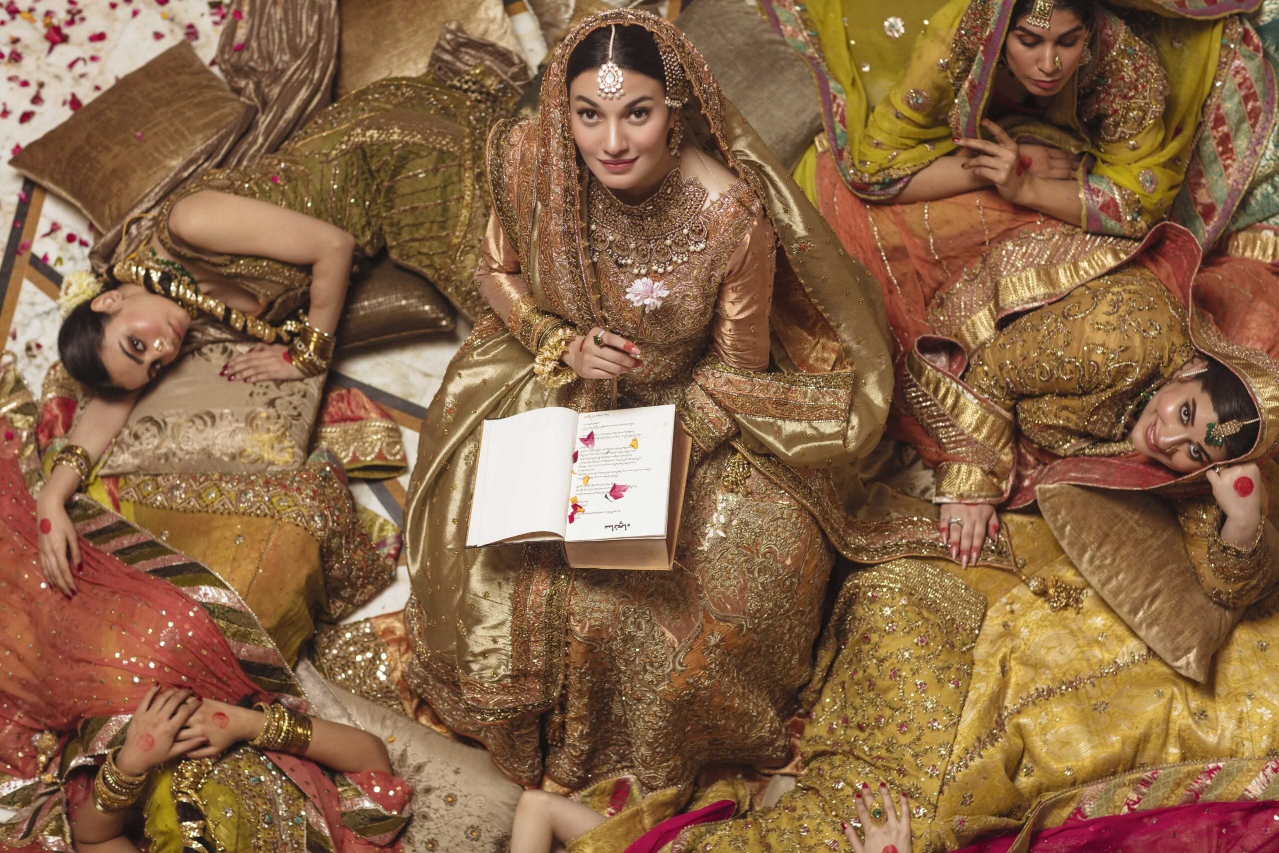 Off-White Gold Embellished Shimmer Tissue Bridal Lehenga (3-Piece) - Image 8