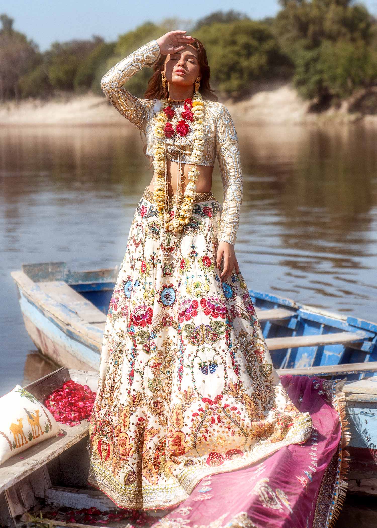 Pakistani Ivory 3D Sequin Aari Silk Lehenga Choli (3-Piece) - Image 1