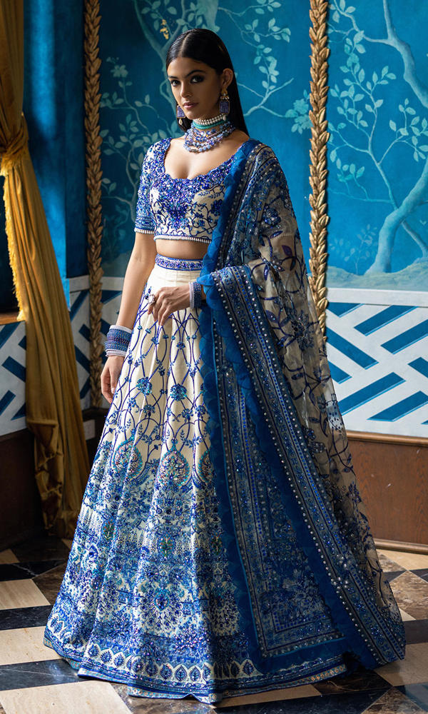 Pakistani Ivory and Blue Embellished Silk-Blend Lehenga (3-Piece) - Image 2