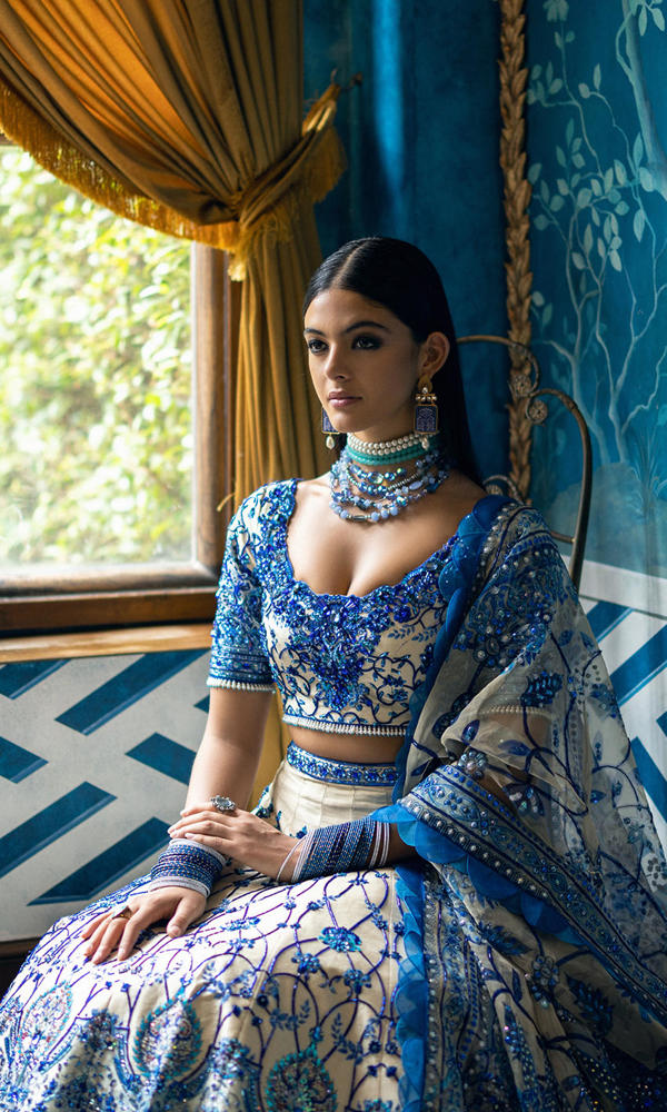 Pakistani Ivory and Blue Embellished Silk-Blend Lehenga (3-Piece) - Image 3
