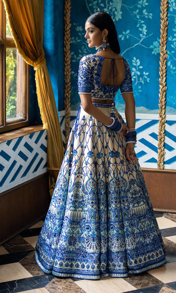 Pakistani Ivory and Blue Embellished Silk-Blend Lehenga (3-Piece) - Image 4