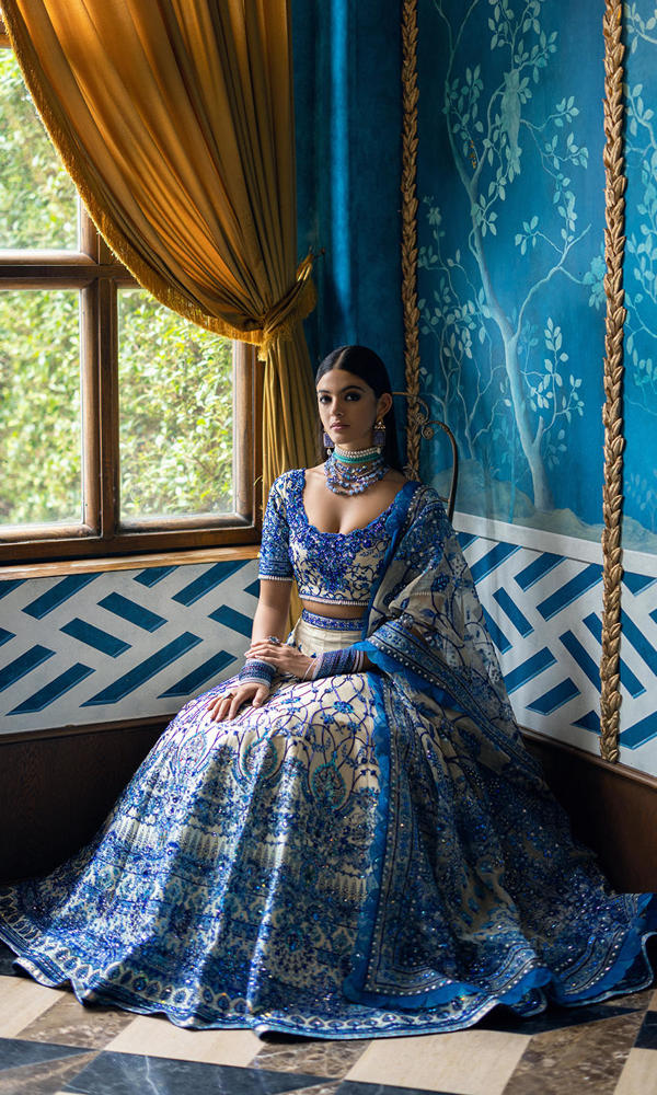 Pakistani Ivory and Blue Embellished Silk-Blend Lehenga (3-Piece) - Image 5