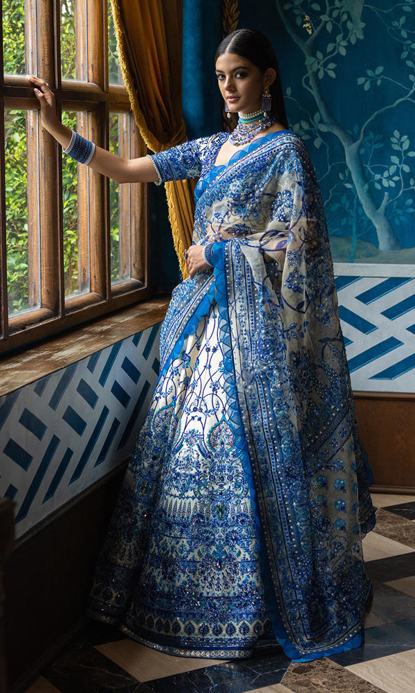 Pakistani Ivory and Blue Embellished Silk-Blend Lehenga (3-Piece) - Image 6