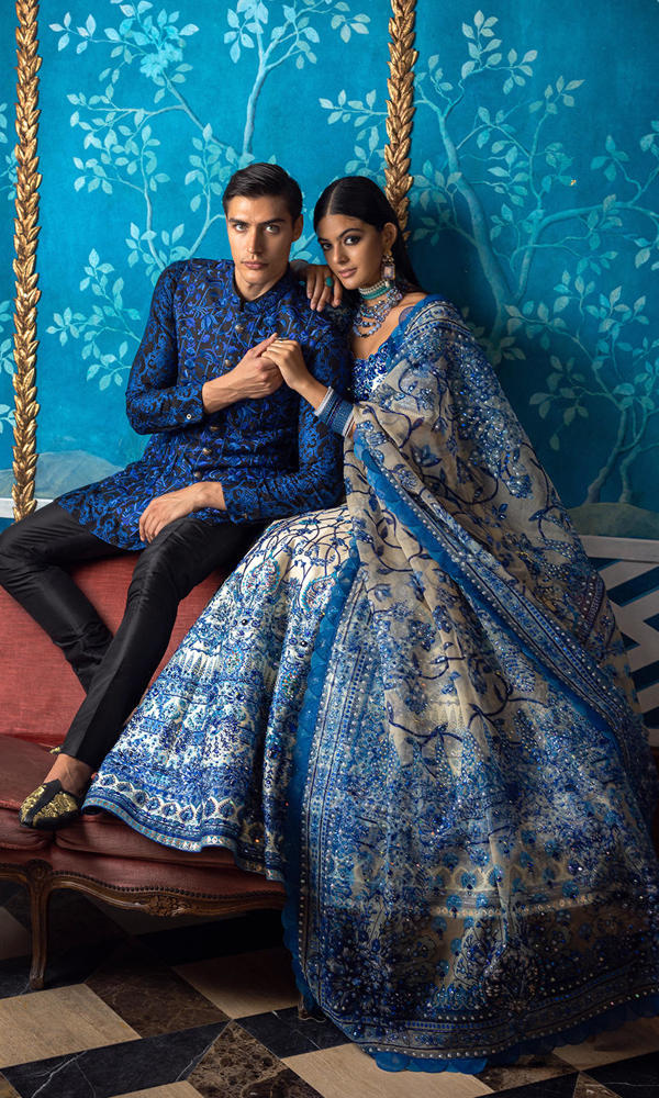 Pakistani Ivory and Blue Embellished Silk-Blend Lehenga (3-Piece) - Image 9
