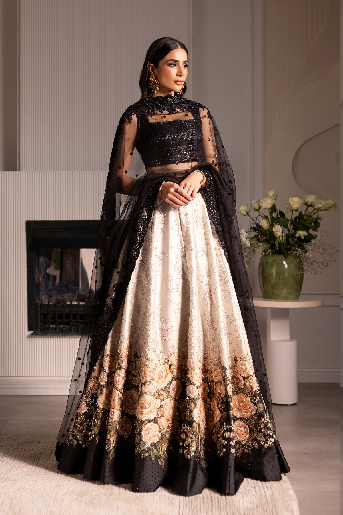 Black and Ivory Ganga Jamni Zardozi Lehenga (3-Piece) - Image 1