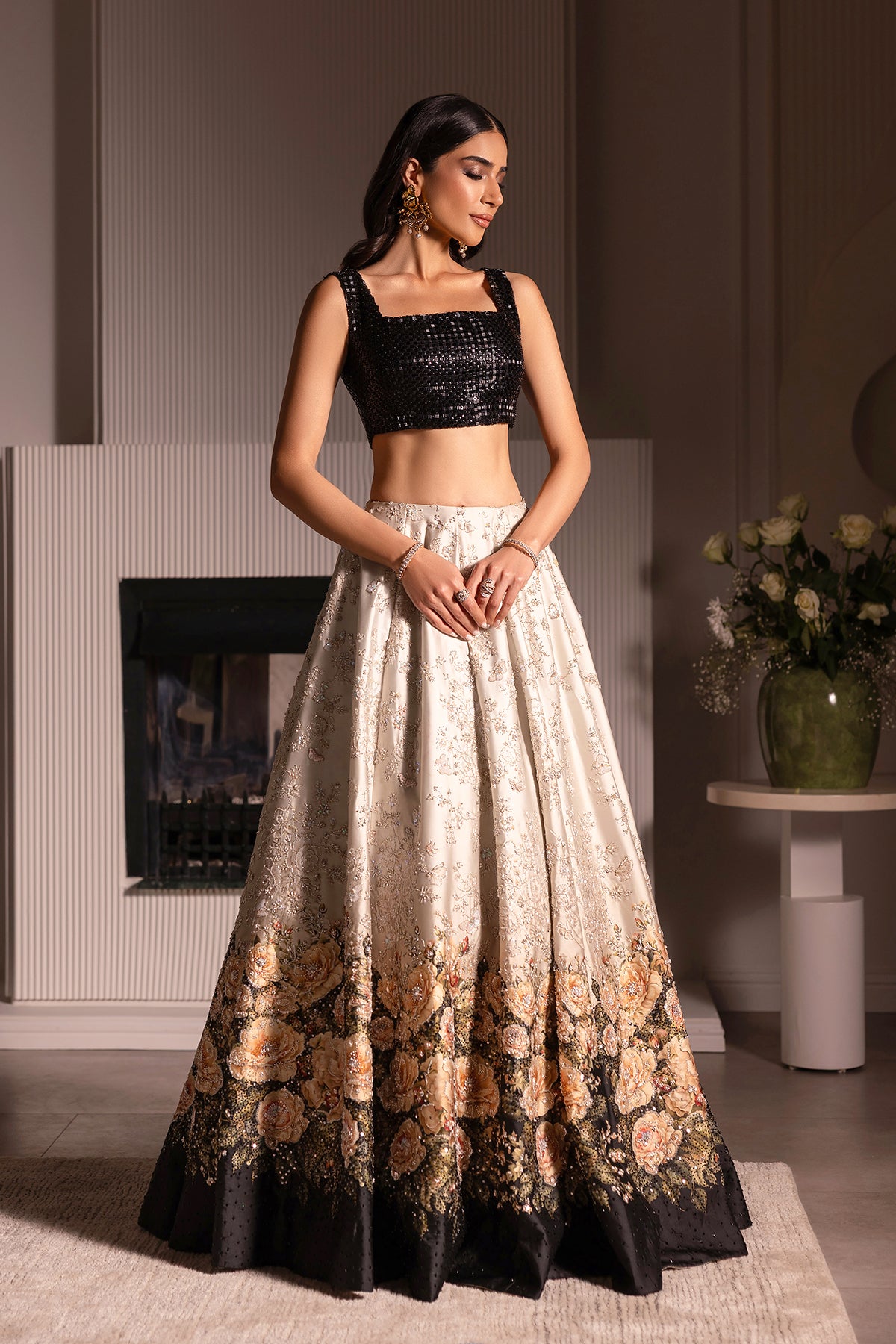 Black and Ivory Ganga Jamni Zardozi Lehenga (3-Piece) - Image 10