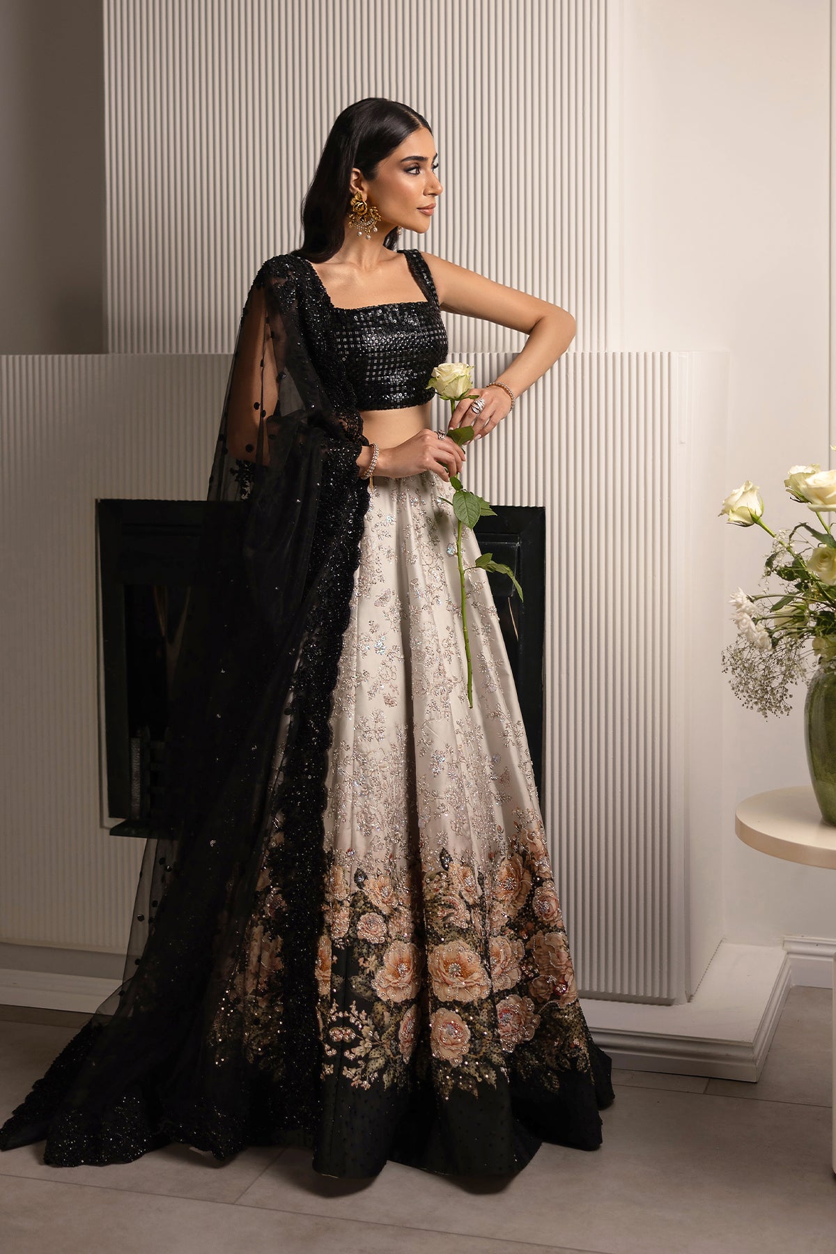 Black and Ivory Ganga Jamni Zardozi Lehenga (3-Piece) - Image 2