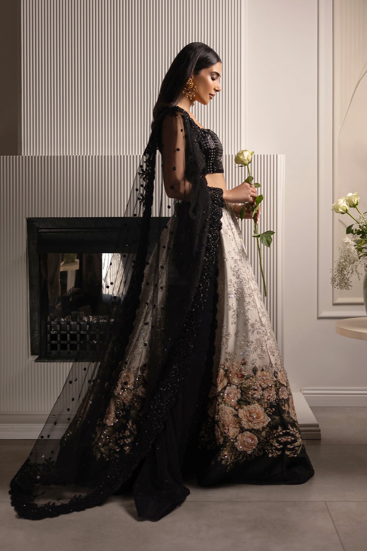 Black and Ivory Ganga Jamni Zardozi Lehenga (3-Piece) - Image 3