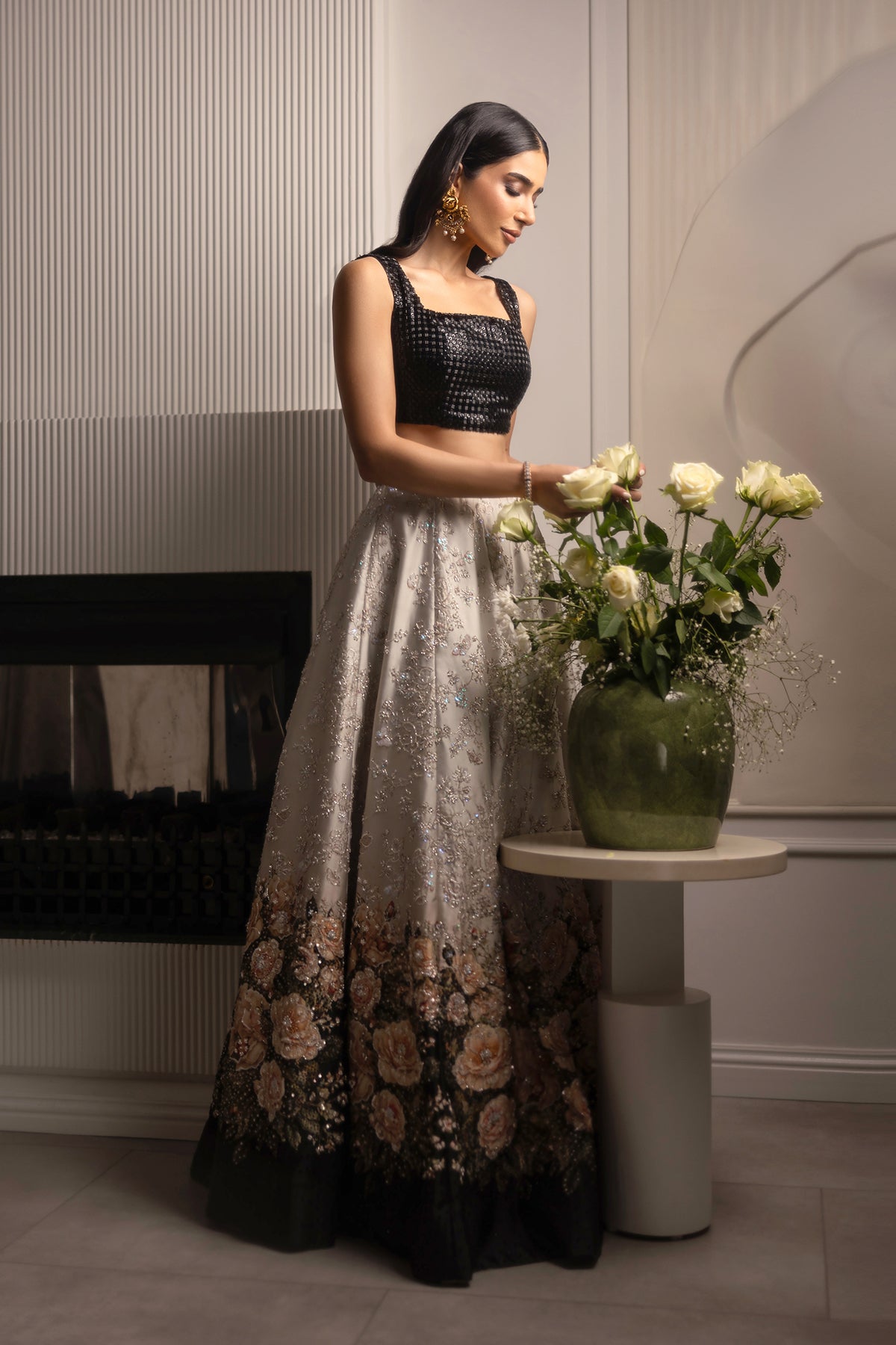 Black and Ivory Ganga Jamni Zardozi Lehenga (3-Piece) - Image 4