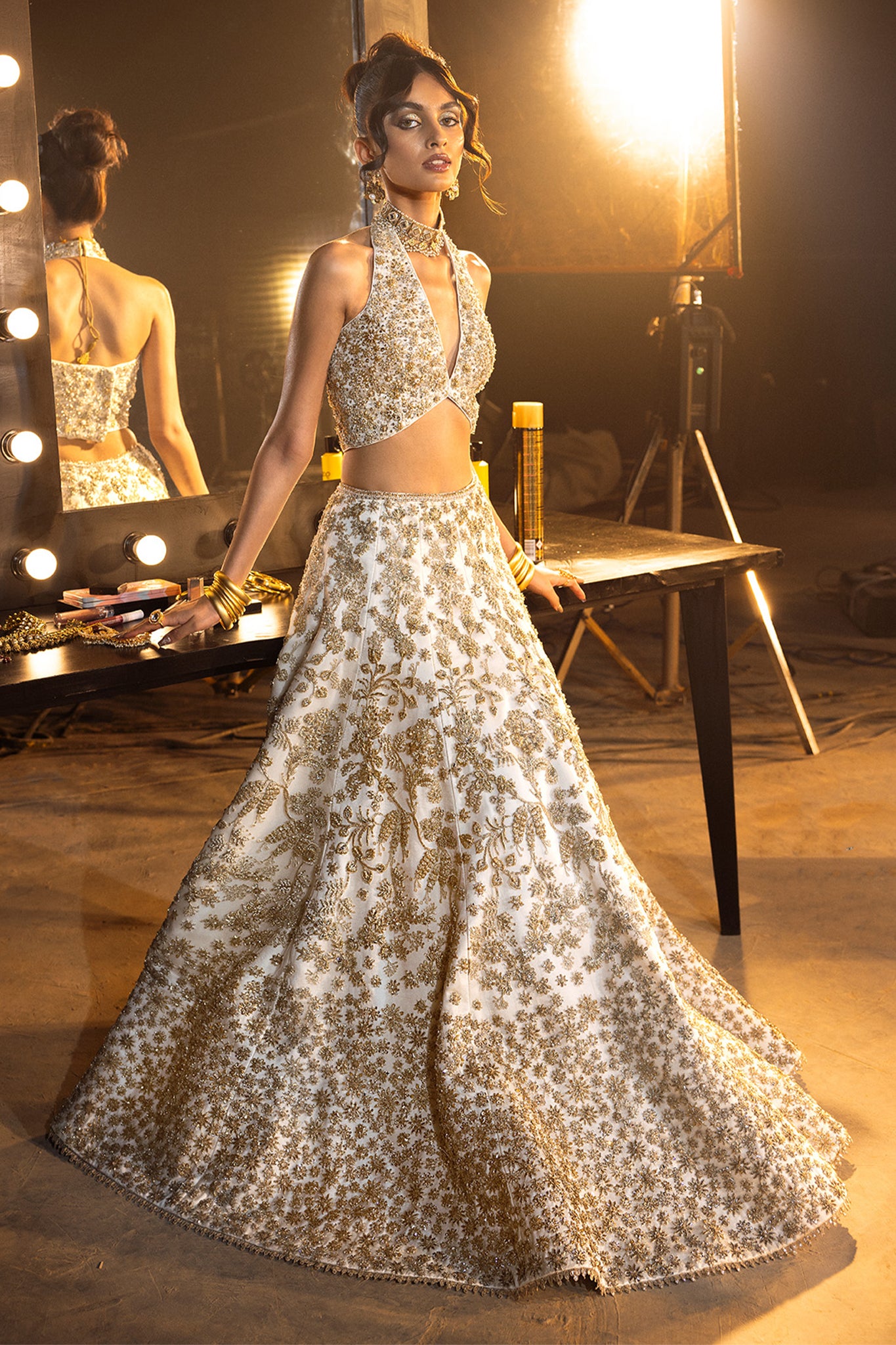 Ivory Gold Embroidered Silk-Blend Lehenga (3-Piece) - Image 1