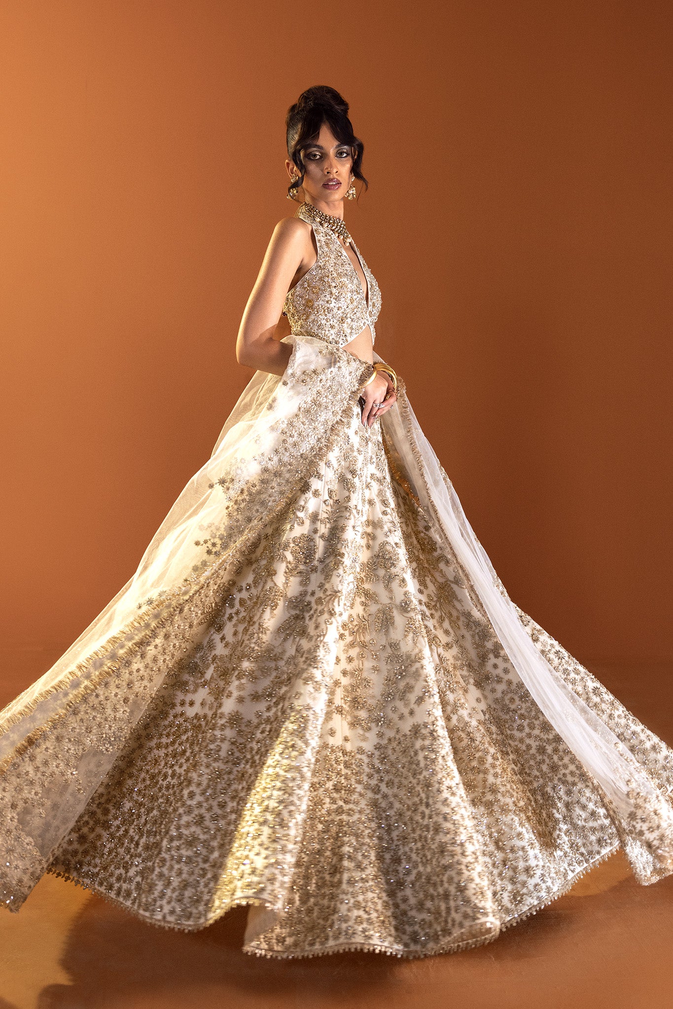 Ivory Gold Embroidered Silk-Blend Lehenga (3-Piece) - Image 2