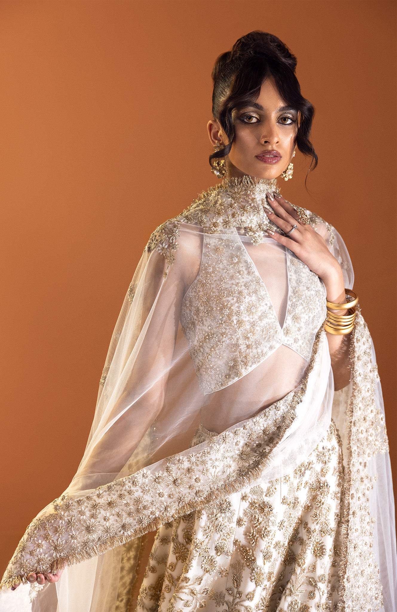 Ivory Gold Embroidered Silk-Blend Lehenga (3-Piece) - Image 7
