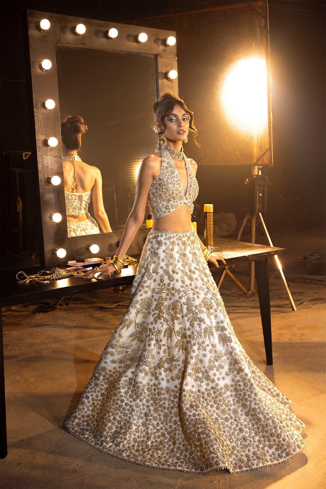 Ivory Gold Embroidered Silk-Blend Lehenga (3-Piece) - Image 8
