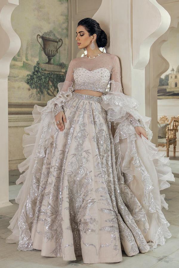 Pakistani Ivory Metallic Threadwork Silk-Blend Lehenga (3-Piece) - Image 2