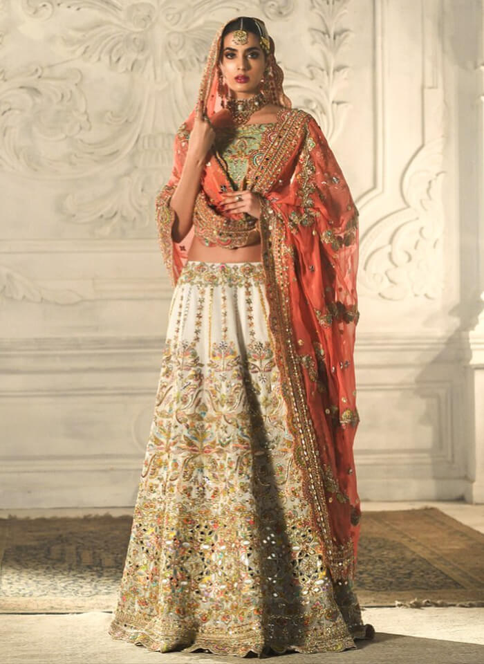 Ivory & Coral Embroidered Silk-Blend Bridal Lehenga (3-Piece) - Image 1
