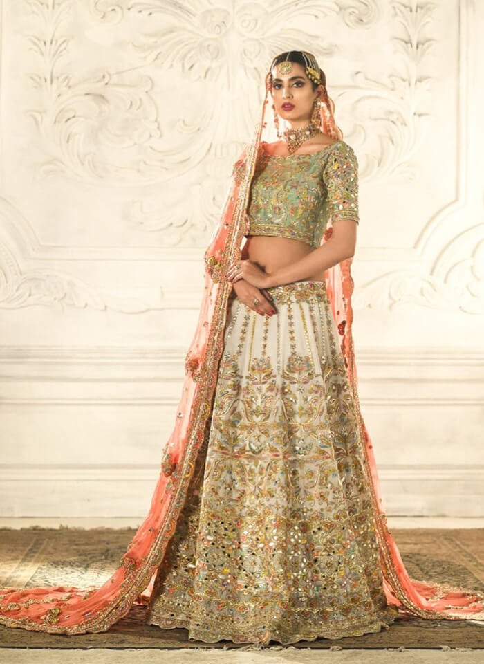 Ivory & Coral Embroidered Silk-Blend Bridal Lehenga (3-Piece) - Image 2