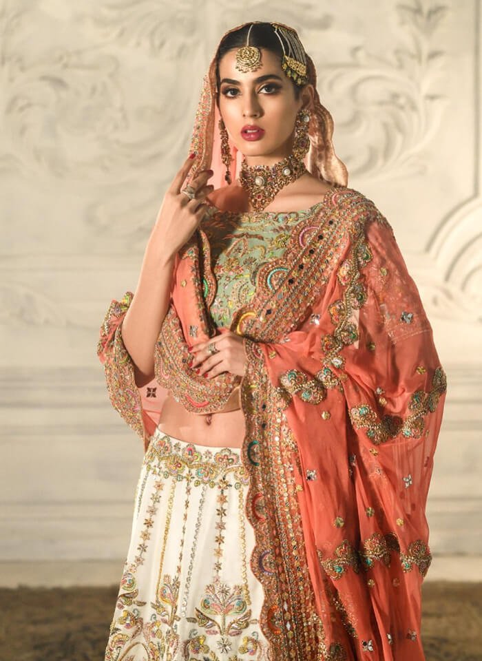 Ivory & Coral Embroidered Silk-Blend Bridal Lehenga (3-Piece) - Image 3
