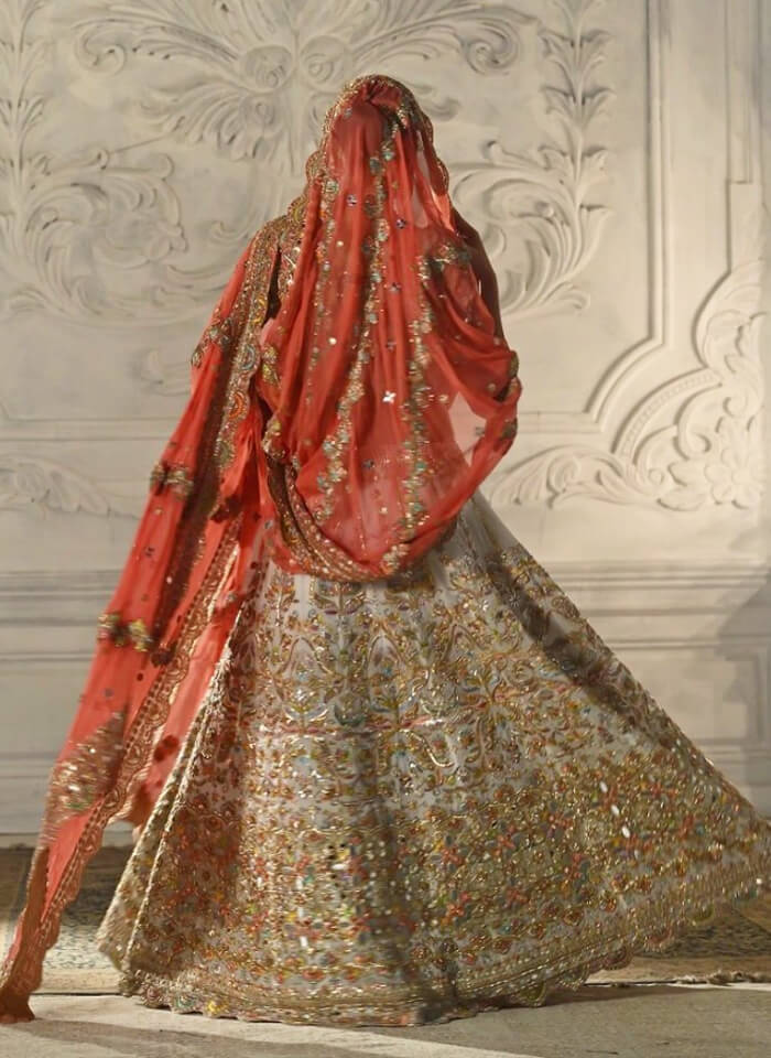 Ivory & Coral Embroidered Silk-Blend Bridal Lehenga (3-Piece) - Image 4