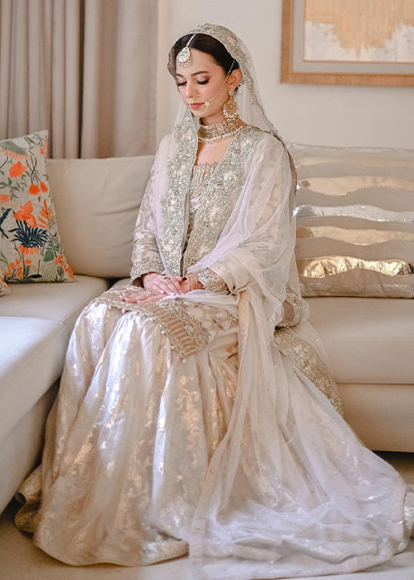 Ivory Silver Embellished Silk-Blend Bridal Lehenga (3-Piece) - Image 1