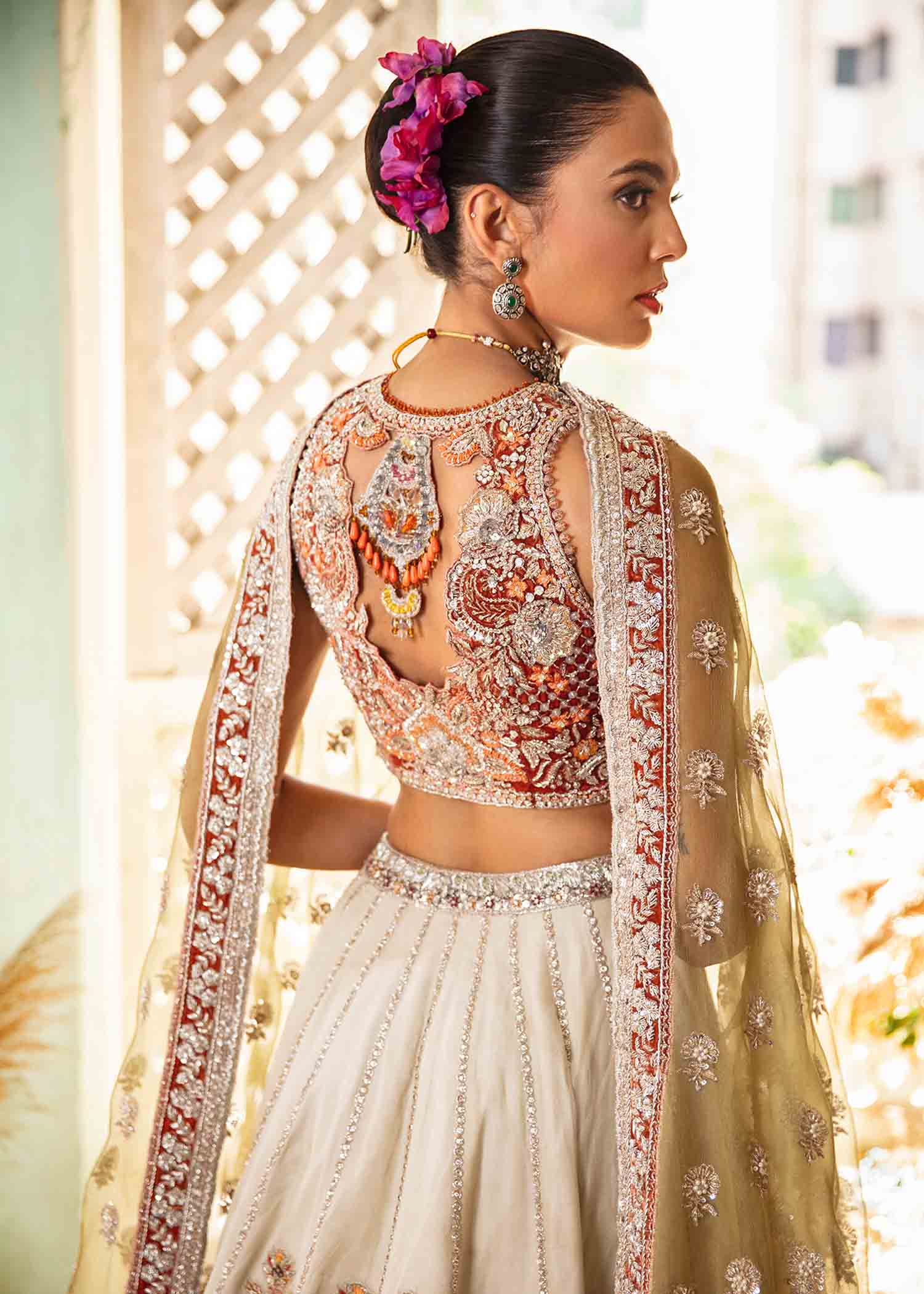 Pakistani Ivory Rust Embroidered Silk Blend Lehenga (3-Piece) - Image 2