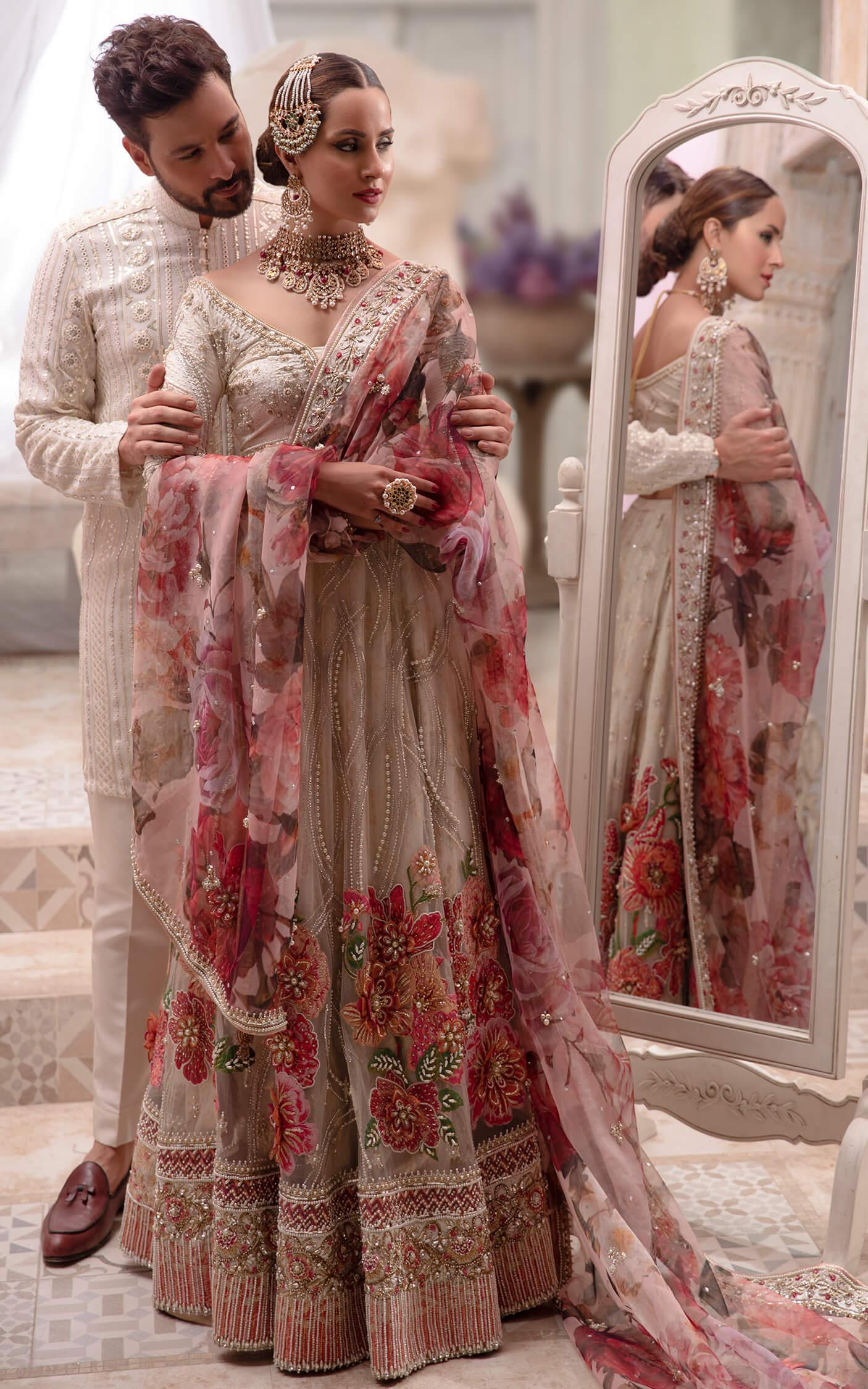 Ivory Floral Embroidered Silk-Blend Lehenga (3-Piece) - Image 1