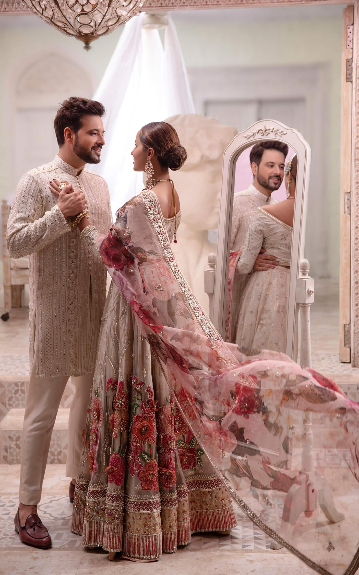 Pakistani Ivory Floral Embroidered Silk-Blend Lehenga (3-Piece) - Image 3