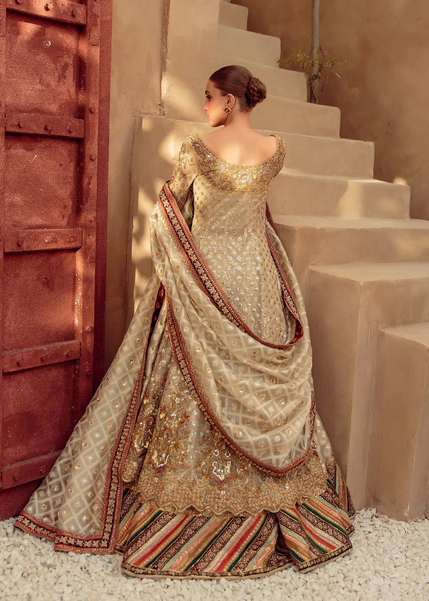 Pakistani Ivory and Red Embellished Net Silk Bridal Lehenga (3-Piece) - Image 4