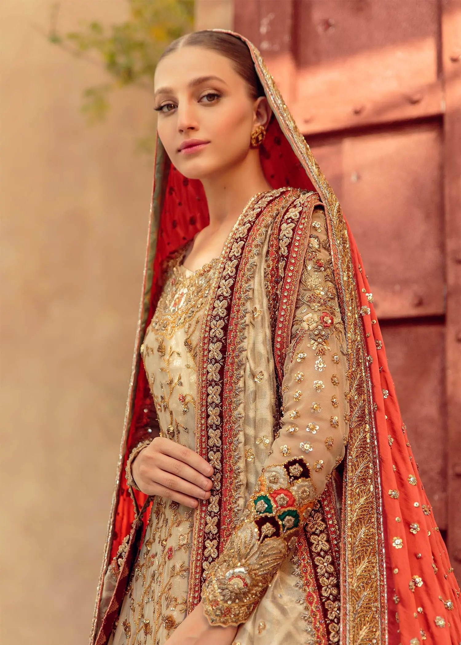 Pakistani Ivory and Red Embellished Silk-Blend Bridal Lehenga (3-Piece) - Image 2