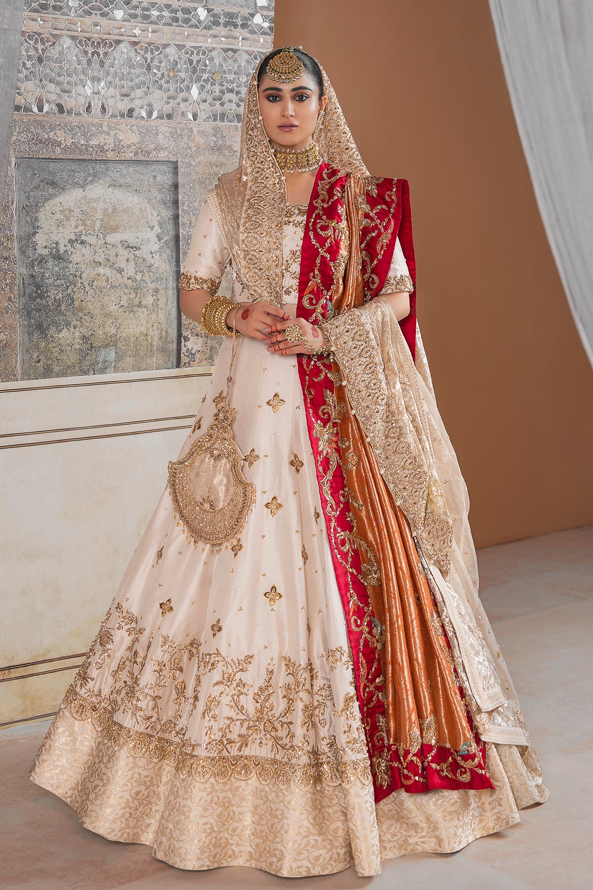 Ivory Gold Embellished Silk Blend Bridal Lehenga (3-Piece) - Image 1