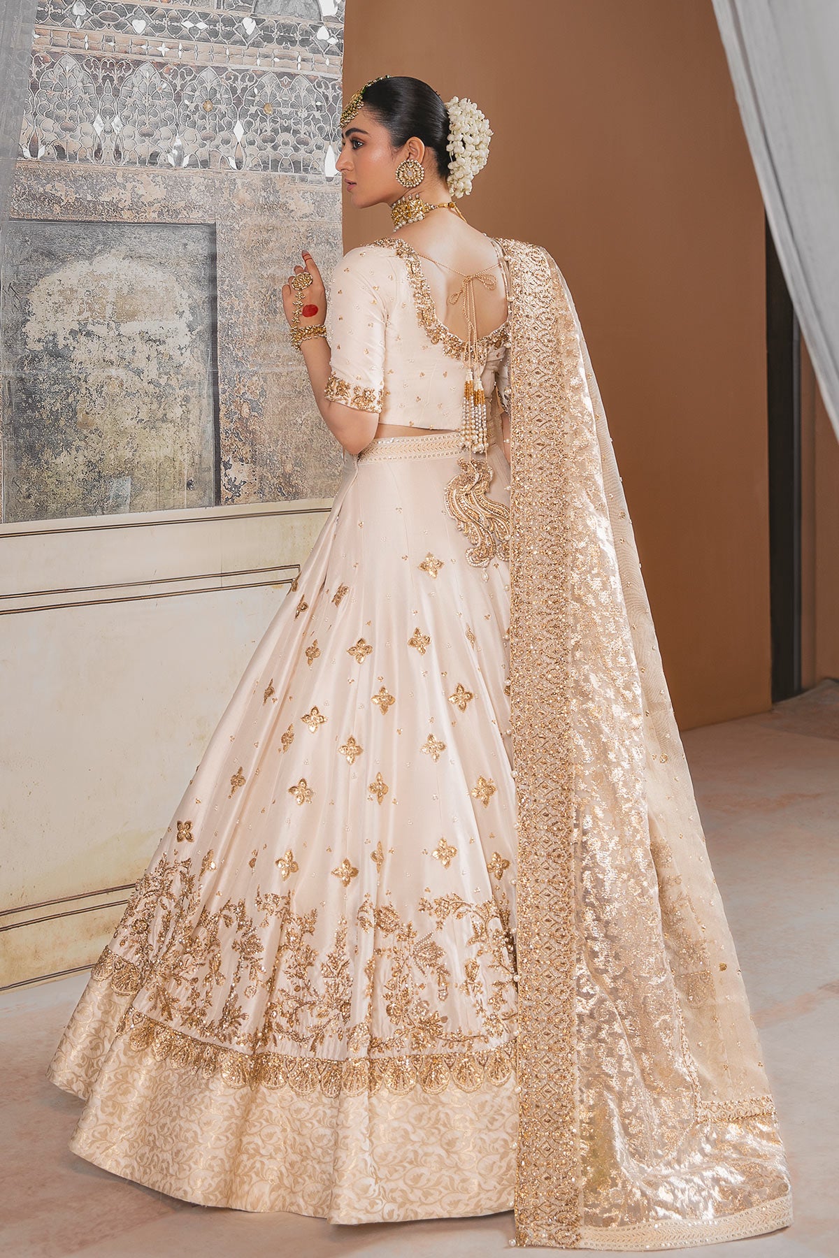 Ivory Gold Embellished Silk Blend Bridal Lehenga (3-Piece) - Image 2